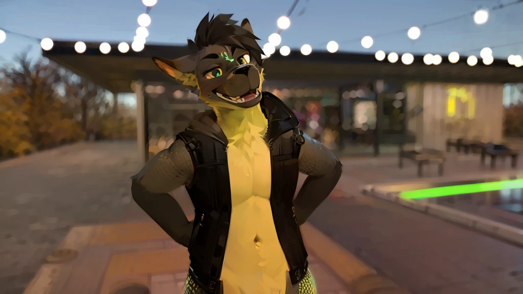 masterpiece:1.2, best quality:1.2, 2D:1.2, sharp:1.2), (hotify), perfect anatomy, perfect eyes, perfect background, (male, solo, full body shot), (evening_environment), (city), (street), beautiful shadows and lights, volumetric lights, feminine male, femboy, anthro, protogen, protogen visor, protogen face, white fur with black highlights, green skin, green eyes, black baggy pants, black tanktop hoodie, bulge in the crotch of the pants, large bulge, thick thighs, curvey hips, exposed midsection,