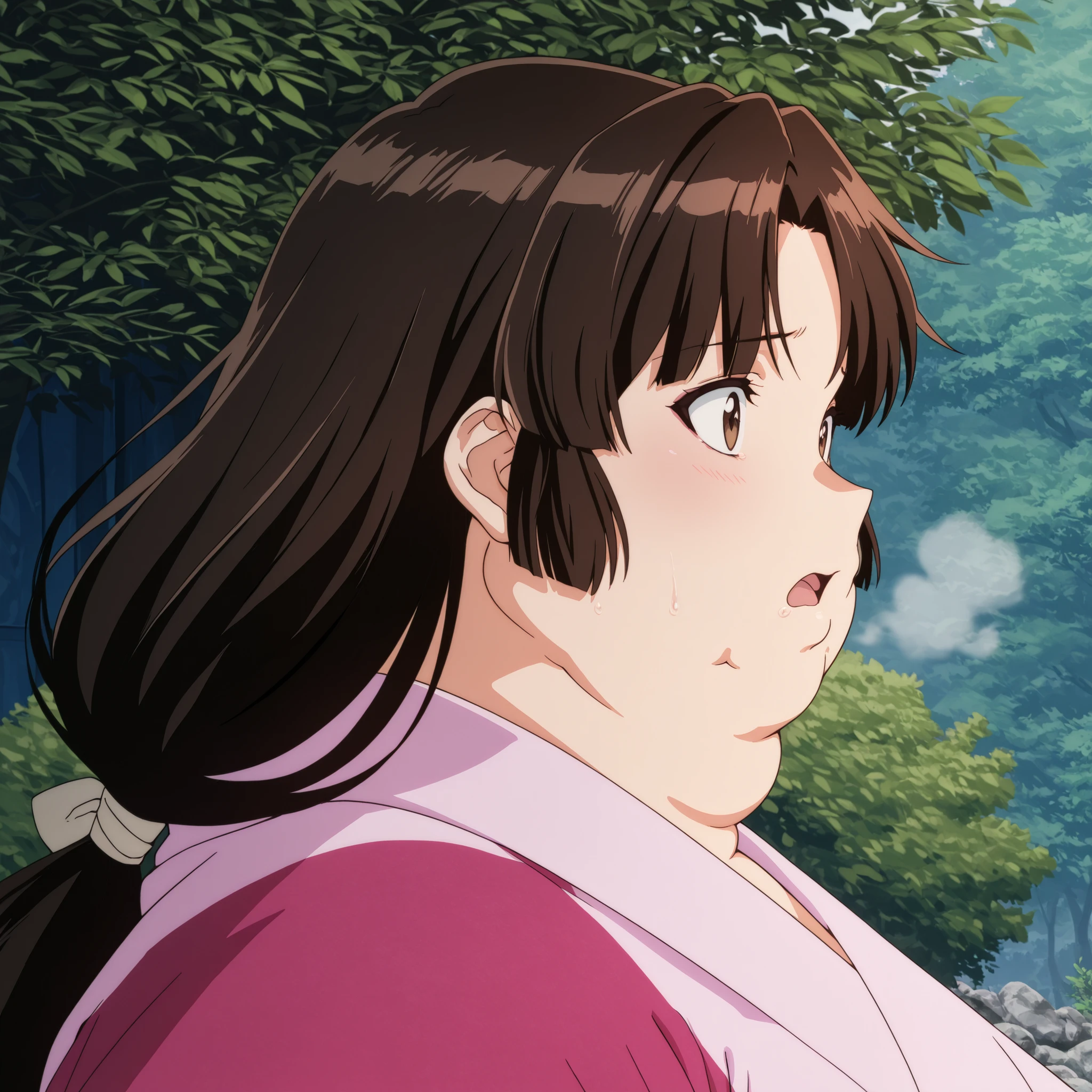 anime screencap, score_9, score_8_up, score_7_up, source_anime BREAK sango, 1girl, solo, brown hair, parted bangs, low-tied long hair, brown eyes, outdoors, pink kimono, wearing a kimono
,masterpiece,best quality,amazing quality,bulging belly, fat, chubby, obese, open mouth, out of breath, absurdres, portrait, pov belly, straight-on, from side, swollen face, masterpiece, best quality, ultra-detailed, high resolution, 8K,