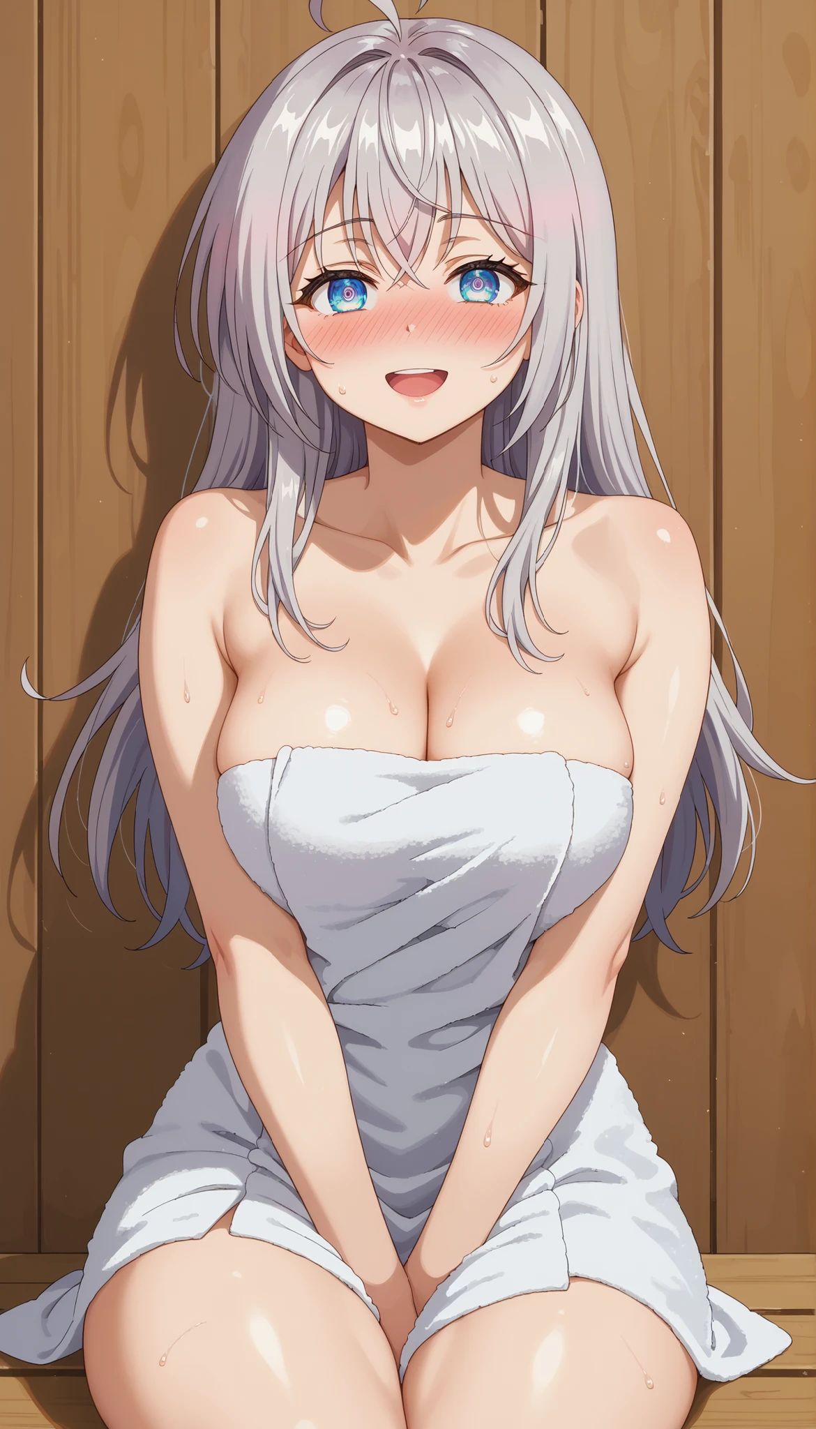 score_9, score_8_up, score_7_up, anime screencap, source_anime, latest, masterpiece, absurd, very aesthetic, amazing quality, high resolution, ultra detailed, best quality, incredible quality, young girl, detailed face, extremely detailed eyes, 1girl, BREAK alisamikhailovnakujou, <lora:alisa-mikhailovna-kujou-alpha-ponyxl-lora-nochekaiser:1>, alisamikhailovnakujou, 1girl, long hair, gray hair, ahoge, crossed bangs, blue eyes, milky white complexion, pale skin, thick thighs, , (curvy), ((wide hips)), (((thick thighs))), ((beautiful skin, beautiful eyes, beauty, extraordinarily beautiful woman, attractive woman, super sexy woman, cute and lustful body, sexy woman with seductive and obscene body, sensual body, voluptuous body)), (full face blush: 1.2), (body blush: 1.2), blush, blushing, blush, serious, arms crossed, blushing, serious, looking at viewer, open mouth, smile, blush, facial, :d, raised eyebrows, abstract background, looking at viewer, fetal position, hugging legs, head down, cowboy hat shot, perfect round breasts, detailed eyes, detailed face, looking at viewer, masterpiece, absurd, amazing quality, aesthetic, new, indoor, indoor sauna, steam, wood, sweat, glowing skin,
naked towel, white towel, cleavage, CENSORED, (Beautiful big breasts: 1.2), natural breasts,