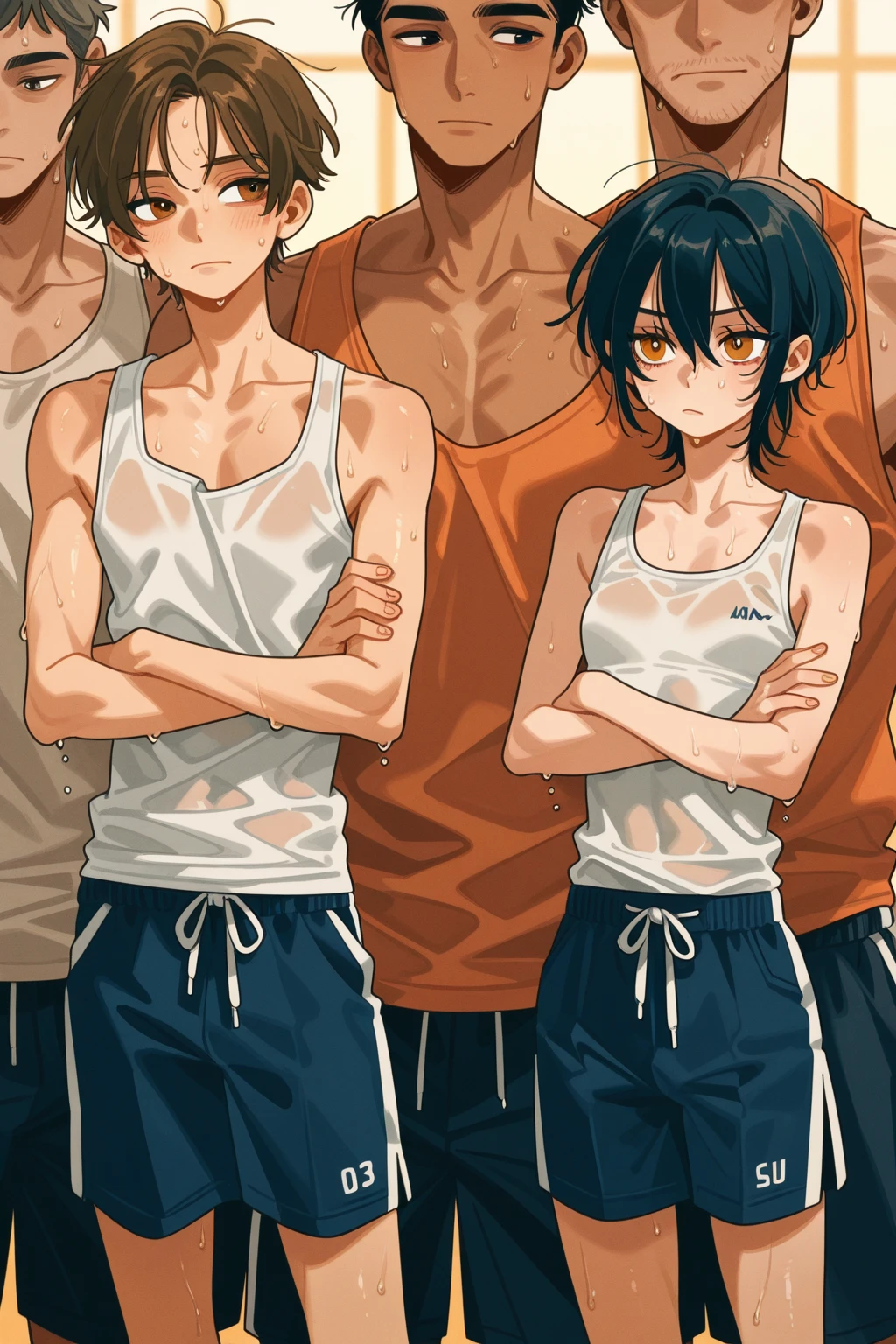 (,young girl ,short stature,gyaru)) ,flat chest,big head, ,black hair,twintail ,topless,fundoshi,nsfw ,,shy, surround many fundoshi boys,