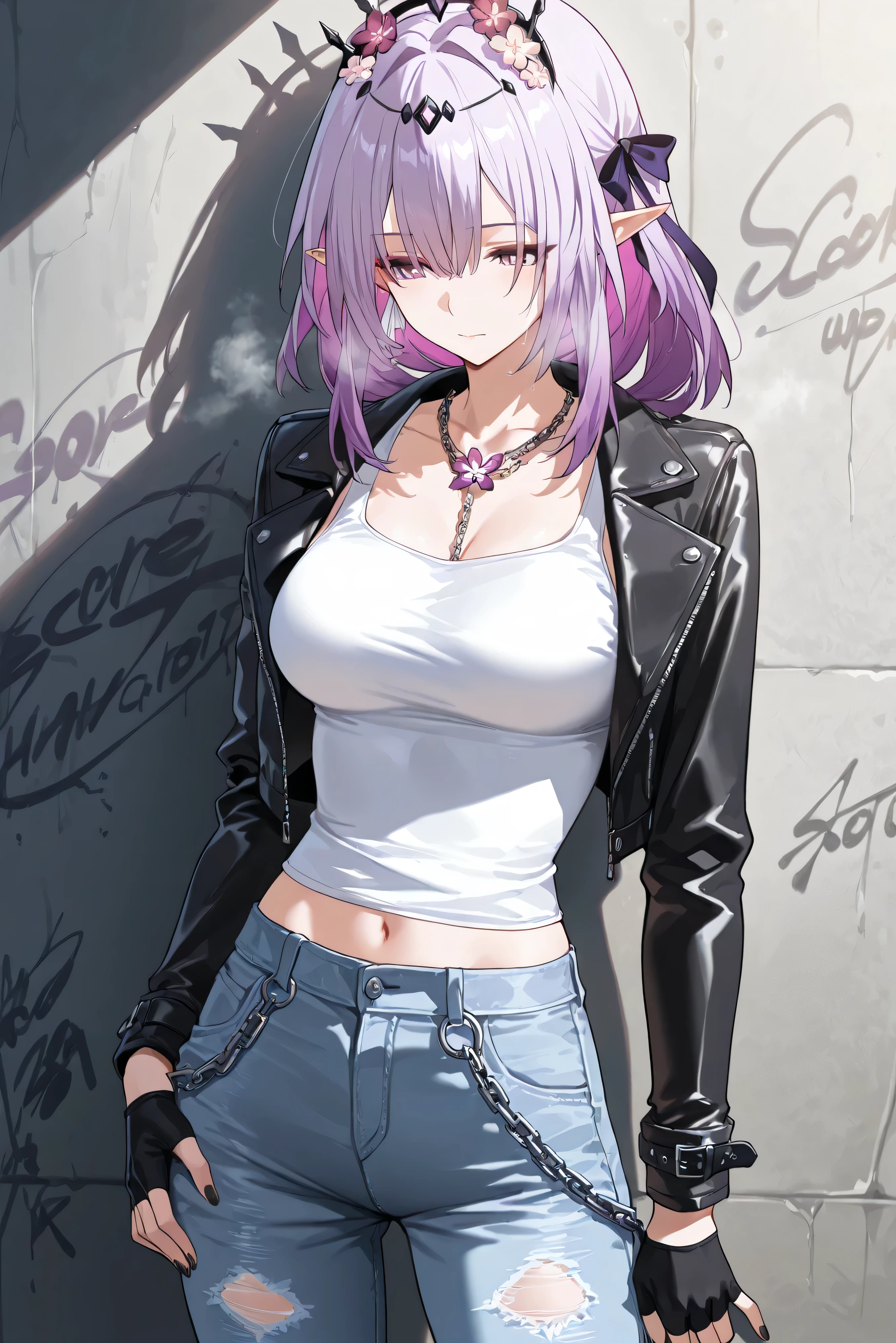 1girl,purple ponytail hair,green eyes,large breasts,black leather jacket	,holding sunglass