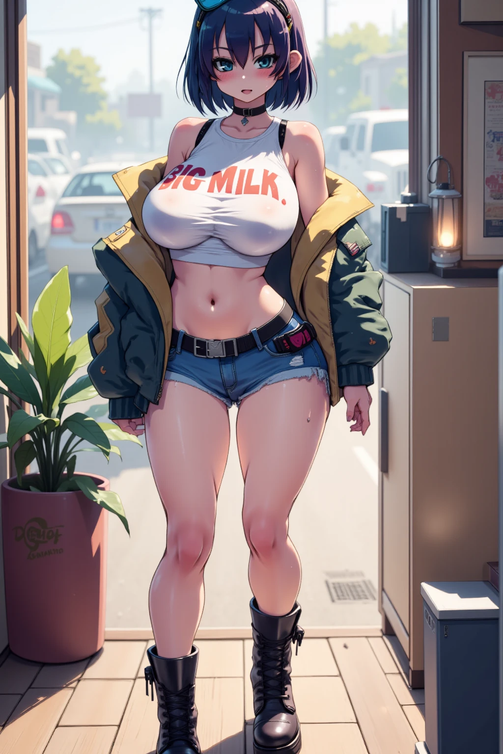 masterpiece, best quality,4girl,young girl, dark_orange eyes, platinum blonde, messy hair,scoffing _face,shiny skin,huge breasts,nice leg line:1.3,thick thighs, thin waist,, Cut-out_crop_top, denim_shorts, gladiator_sandals, pendant_necklace, bucket_bag, , Sneaker_shop,, looking at viewer,from below,full body