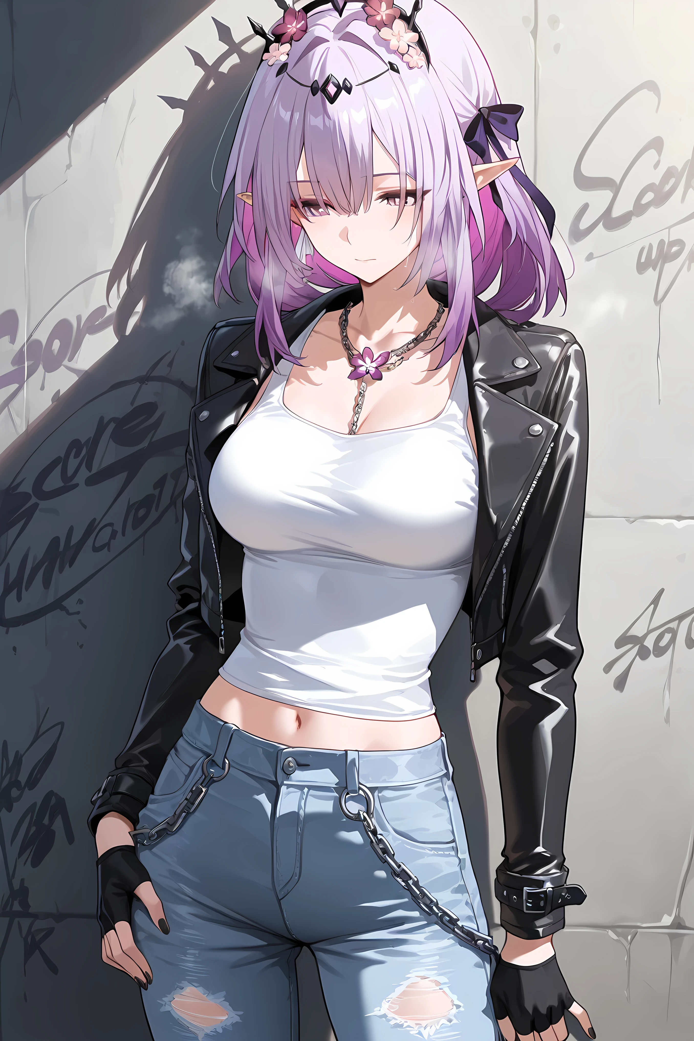 score_9, score_8_up, score_7_up, masterpiece, best quality, very aesthetic, absurdres, tunning image, attractive image, 1girl, solo, adult grown woman, castorice \(honkai star rail\), purple eyes, purple hair, pointy ears, multicolored hair, hair ornament, tiara, pink hair, colored inner hair,flower, medium breasts, masterpiece,best quality,amazing quality, ero404, 5 fingers, black nails, alternate costume, cropped leather jacket, white tank top, ripped skinny jeans, fingerless gloves, chain accessories, chain necklace, bold eyeliner, short tousled hair, urban punk vibe, graffiti wall backdrop, heavy breathing, closed mouth,