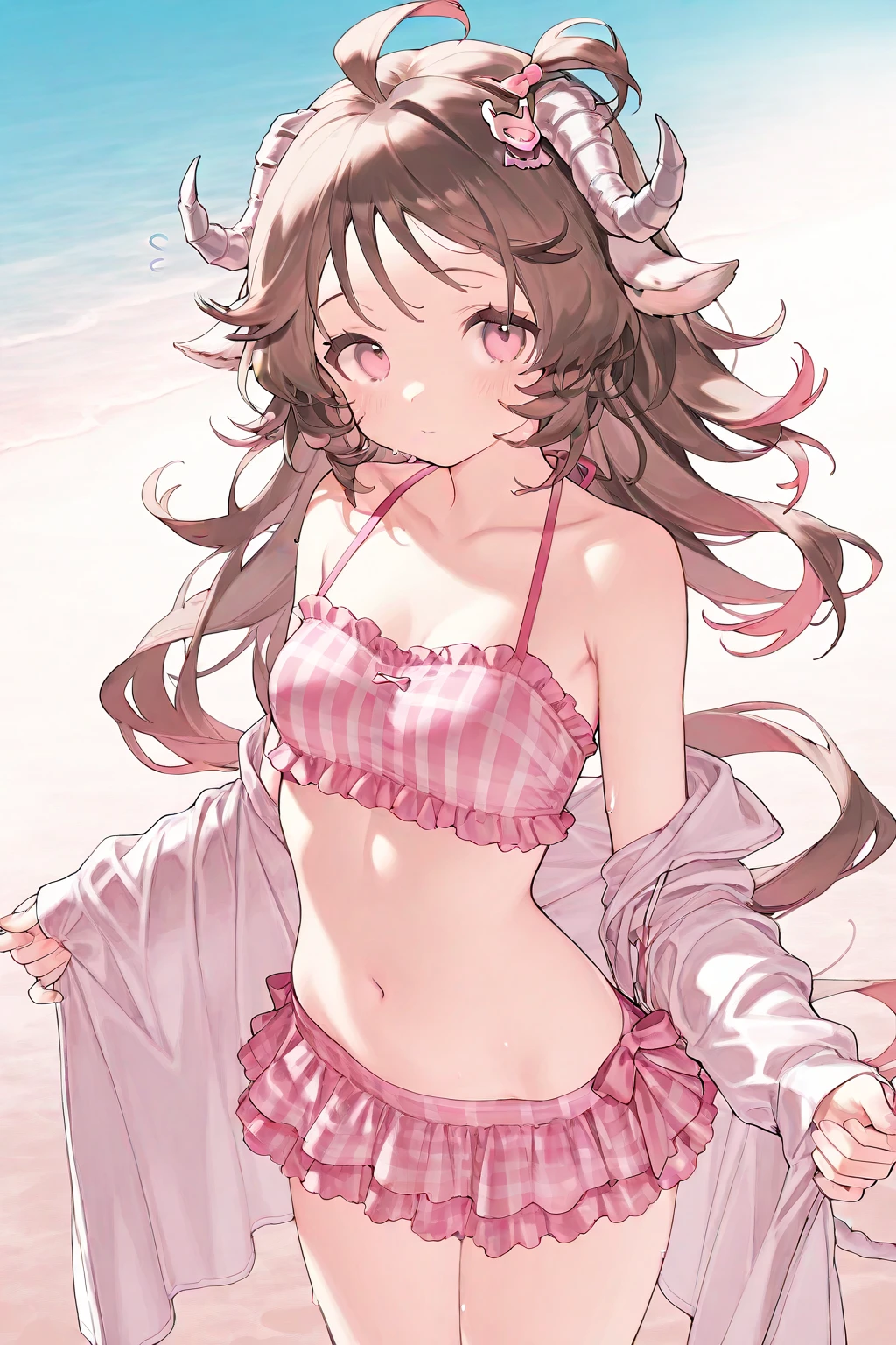 a girl standing in shallow ocean water under a clear blue sky. She has a sun-kissed complexion and long, light brown hair with soft waves cascading over her shoulders. She is wearing a two-piece swimsuit with a strap around the neck; the top is bandeau-style with a halter neck strap, featuring a coral pink color with white polka dots. The top has a sweetheart neckline, accentuated with a small frilly detail along the edge, and it is underwired, providing structure. The matching bottoms have a similar frilly detail along the waistline. Her posture is relaxed yet playful as she gently touches her midriff with both hands, and she offers a soft, engaging smile, her head tilted slightly to the side, adding a sense of approachability to her demeanor.