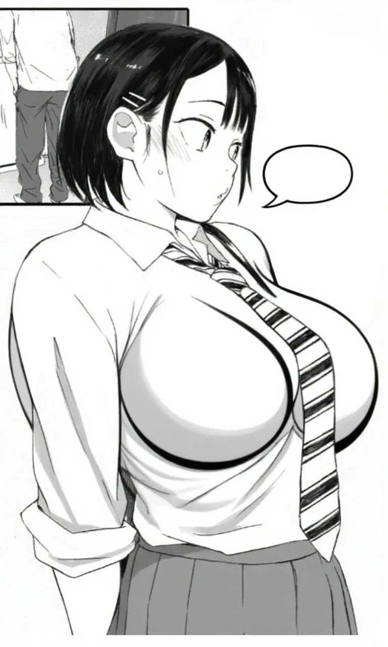 Girl in sexy pajamas, The pajamas are too small for her and highlight her breasts. The girl has short hair that reaches halfway down her neck., It is black but with a lot of volume. The girl is looking straight ahead, her eyes show disinterest or boredom, she is yawning, She is super disheveled, Her breasts are big. She hides her hands behind her back, Also she is blushing but not that much, His eyes continue to show boredom or disinterest 
