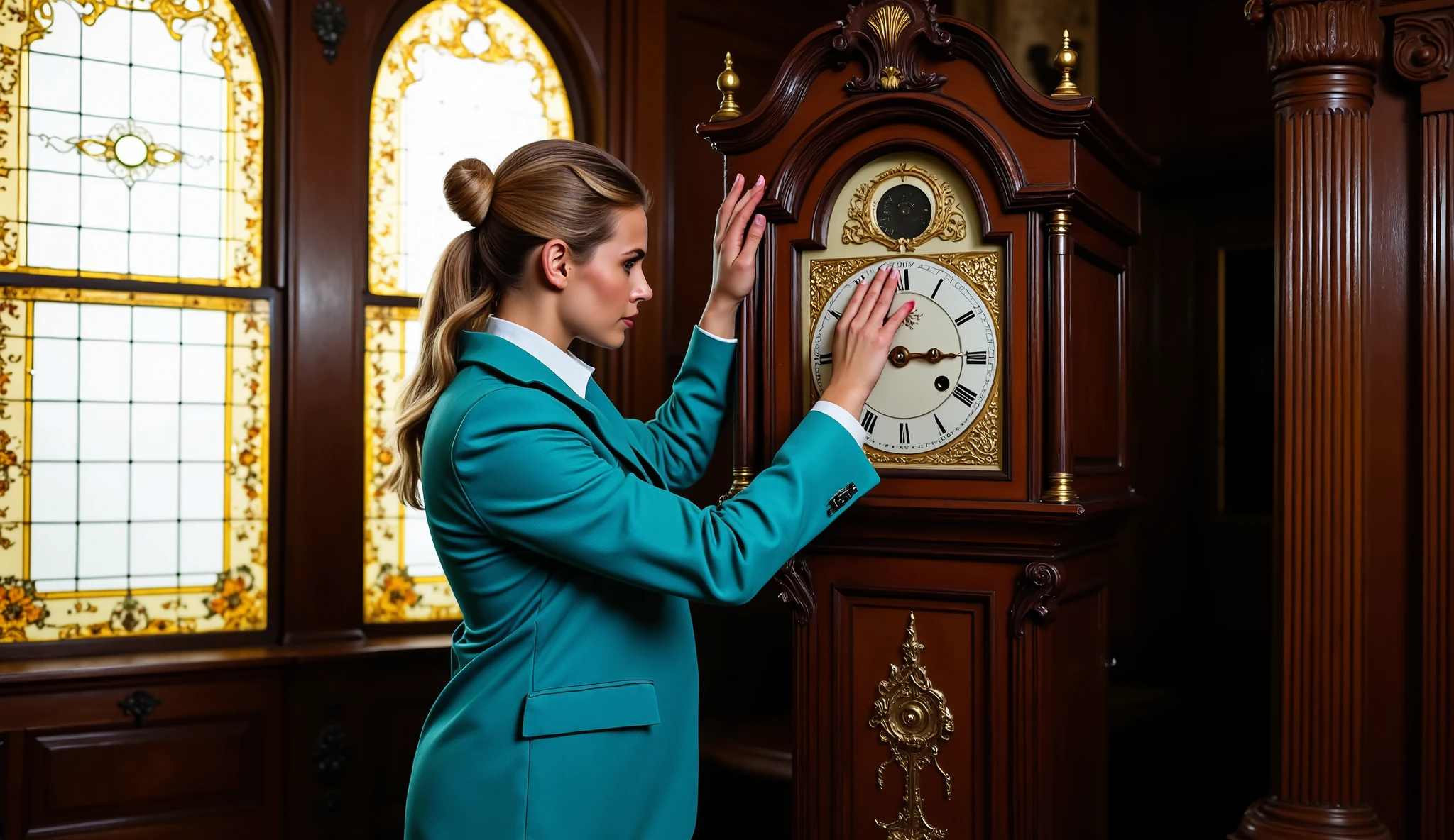Eleanor, an elegant (exuberant in her forms) woman dressed in an expensive turquoise designer suit, with a jacket, skirt and white shirt up to the neck, stands in front of the scary grandfather clock, with her hands on a key, ready to wind it., detailed background, of the mansion's living room, with Victorian stained glass windows, plotrons, stained glass window to the left bathing Eleanor with backlight