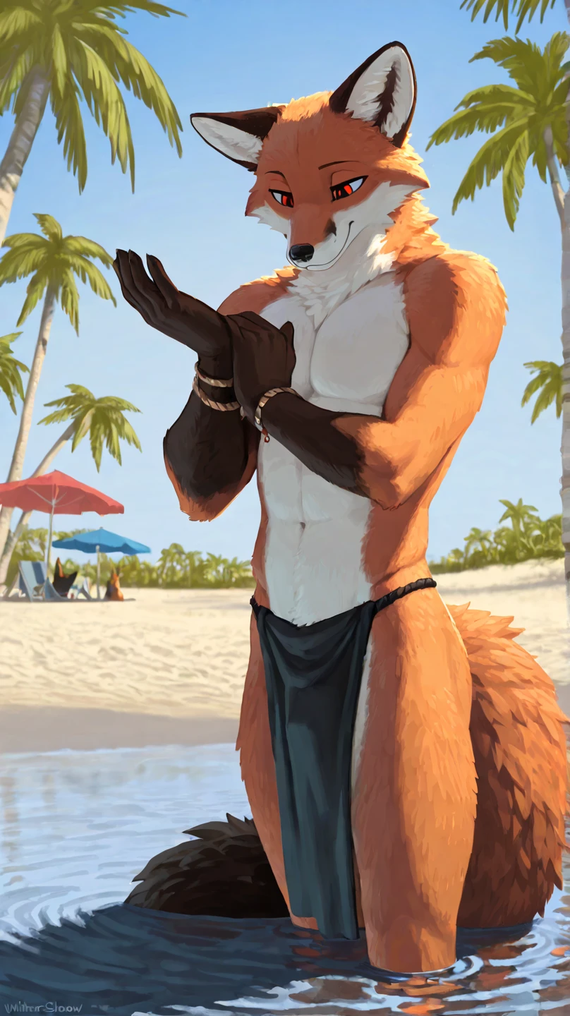 (solo,furry,anthro,hyper realistic), male, standing, smirk, smug, looking away, wearing ((dark red)) boxer shorts, muscular body, realistic fur, Fennec, beach, blurred background, by bebebebebe:1.2, by buta99, by foxovh, by ruan jia