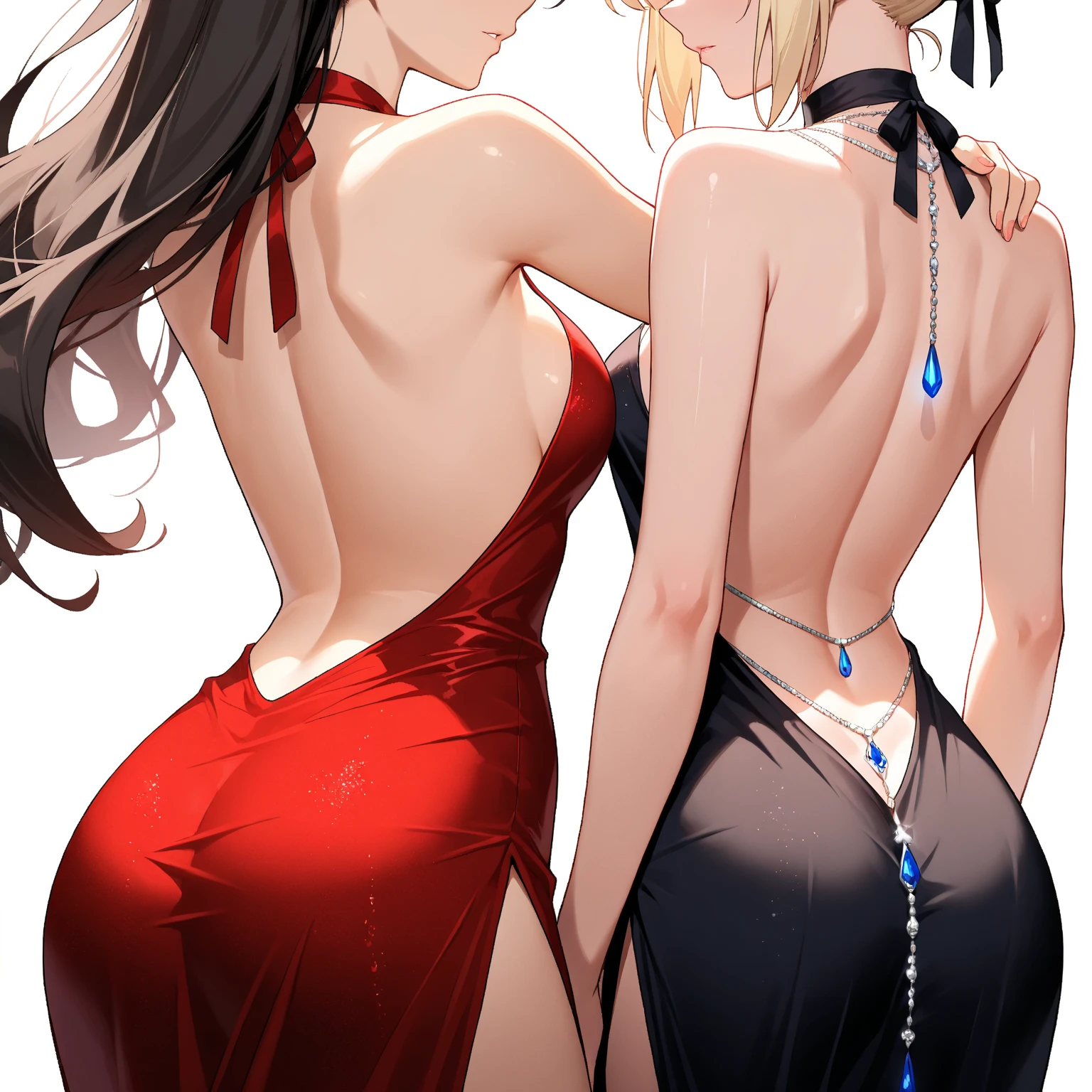 Beautiful blonde succubus woman with red pupils with very voluptuous body wearing a black dress, accompanied by a beautiful and elegant mature and tall succubus woman with dark brown hair and honey-colored pupils with voluptuous body wearing a red dress, both doing very provocative poses in a luxurious room.