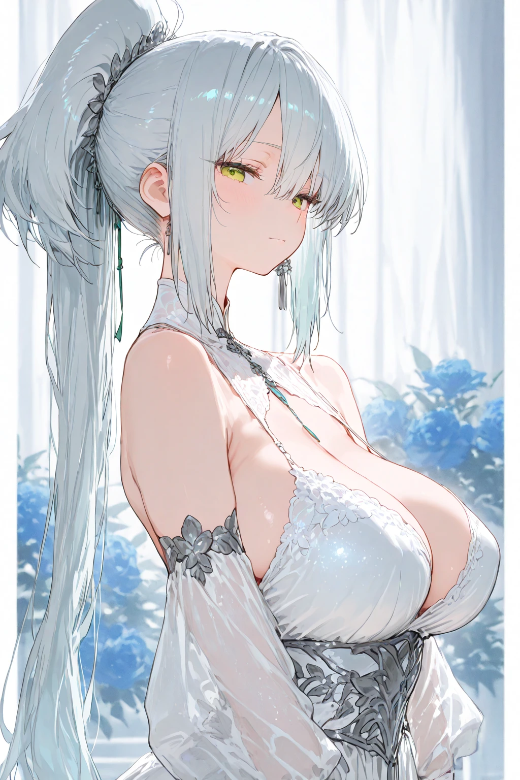 (masterpiece), (best quality), (ultra detailed),(disheveled hair),(illustration), (1girl), (Fashionable clothing), standing, Fashion model , perfect face,Floating,(high saturation),(colorful splashes),colorful bubble,(shining),focus on face, (hair ornament) , earpiece, long hair, ((panties)), pantyhouse, white lace, upper body, white hair, shiny hair, large_breasts, action_pose, heavy breathing, sweat, lustrous skin, finely detailed beautiful eyes, white clothes, white lace gloves, illustration, see-through, white lace underwear, transparent clothes, fashion clothes, (((forest))), portrait, chinese clothes, upper body,
