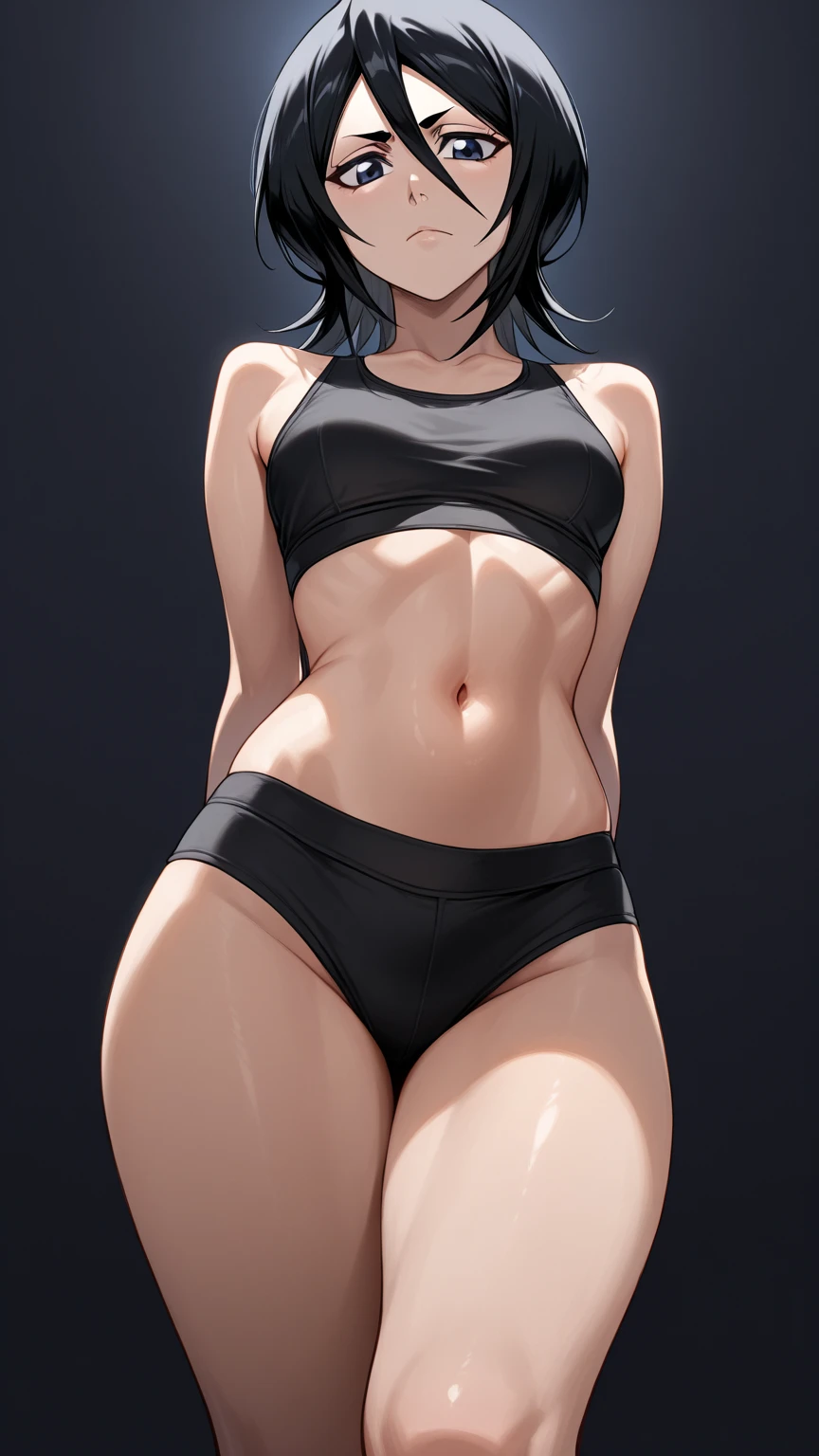 masterpiece, absurdres, hdr, soft light, best quality, detailed, high quality fanart, anime - style illustration of a woman in a bikini and high heels, shiny wet skin!!, sexy squatting pose, thicc, commission for high res, ??????????? loli, sweaty wet skin, lewd, ((Arms behind head)), ((armpits)), ((looking at viewer)), smile, closed mouth, upright, uchiha sarada, konoha headband, short hair, black hair, red eyes, red glasses, sharingan, seductive smile ,rear perspective
