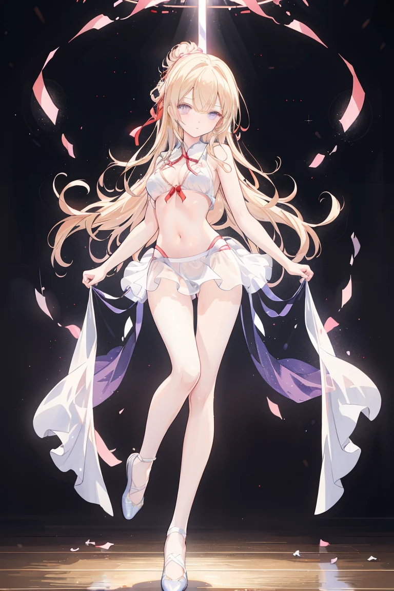 ((​masterpiece:1.4、top-quality:1.2))、1girl in、solofocus、delicated face、Highly detailed anime faces and eyes、(Blur the background：1.3、(transform sequence)、((Sexy Dancer)、14years、(beautiful slender girl)、Fractal Art、baby-face、((stright long hair))、Beautiful big drooping eyes：1.1、Small, open-mouthed smile、(Full body depiction：1.1)、（1 persons）、encampment、gorgeously decorated headband、Fantasy world、knee high socks、swim wears、The bikini、leotard、