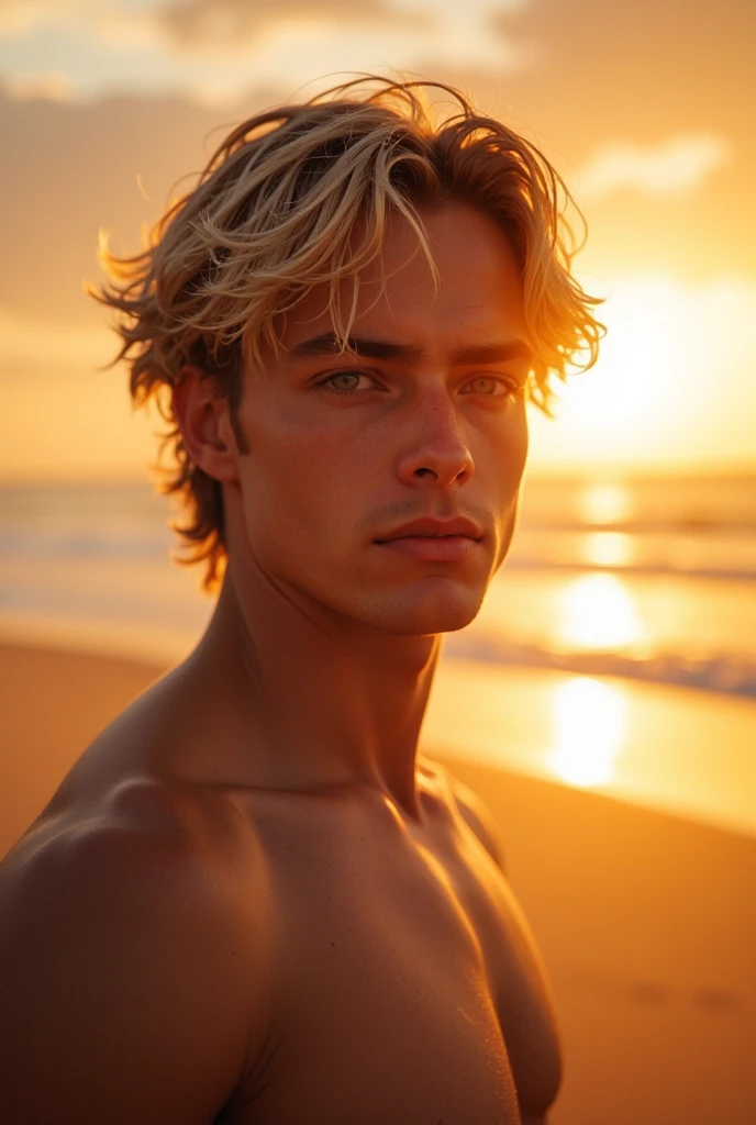 naked/fully naked handsome young man in his early twenties with short undercut blond hair in a gold fishing net