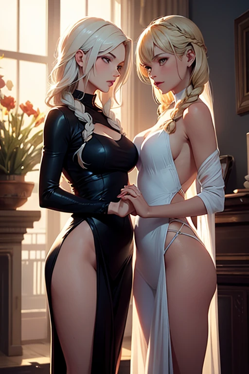 Big breasts, they are read ((2 beautiful women, 30 years old)), ((2 women)) ((black blonde wavy hair natural punk style, voluminous side bangs)), double eyelids, light blue eyes, detailed eyes, hyper detailed, effect with clear eyes, detailed iris, with incredible breasts and perfect waist, and an extremely sensual body, ((Beautiful and sensual strapless dress, red and blue, stylish leggings)), ((round breasts))) , beautiful beautiful makeup, cleavage, ((masterpiece, hyper realistic, hyper detailed, best quality, 16k, light and shadow effect on skin, vivid colors)), eyeliner, passionate expression, perfect pink lips, innocent and sexy face , she is sassy, (( skin with light and shadow), beautifully seductive, ((she is beautiful)), elegant pose, flirting with the viewer, in variable sensual pose, at an elegant company party, beautifully seductive ((( (2 women with blonde hair and black hair, together at an elegant party))))