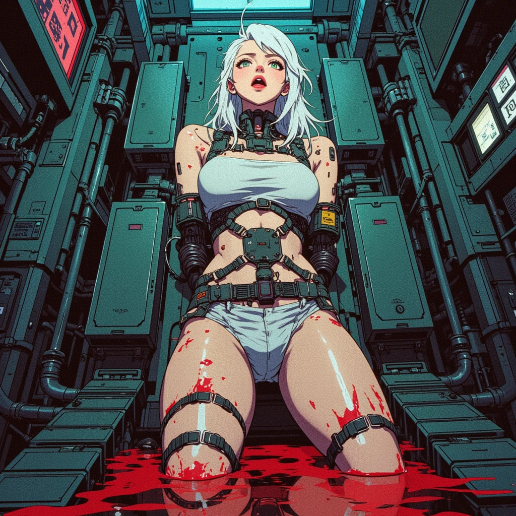 (retro style:1.2), BREAK,
(full body:1.2), (from above:1.2), BREAK,
(lying on the ground:1.2),  (sleeping:1.2),  (closed eyes:1.2), BREAK,
(1girl:1.2), (hacker:1.2), (cyborg:1.2), (cybernetic limbs:1.2), (cybernetic neck:1.2), (cables connected to spine:1.2), (surrounded by cables:1.4), (cables everywhere:1.2), (surrounded by machinery:1.2), (plugged in:1.2), BREAK,
(messy background:1.2),  (cramped space:1.2), (asphyxiating atmosphere:1.2), BREAK,
(4k:1.2), (extreme resolution:1.2), (highly intricate:1.2), (studio quality:1.2), (extremely detailed:1.2), (beautiful and aesthetic:1.4)