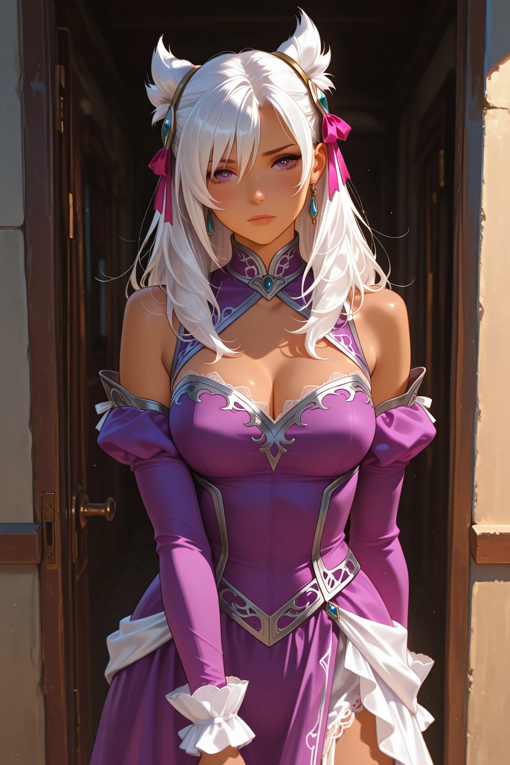 Spirit_Blossom_Syndra, purple_eyes, blunt_bangs, white_hair, pointy_ears, kimono skirt, detached sleeves, smile,
(huge breasts:1.2,) upper body, from above, cameltoe, white panties, skirt lift,
jewelry, hands on chest,see-through, looking at viewer, hair ornament, choker, shy,
(masterpiece, top quality, best quality, official art, beautiful and aesthetic:1.2), (1 girl), extreme detailed, colorful, highest detailed,
city,street, leaning, wall, sun, cloud,