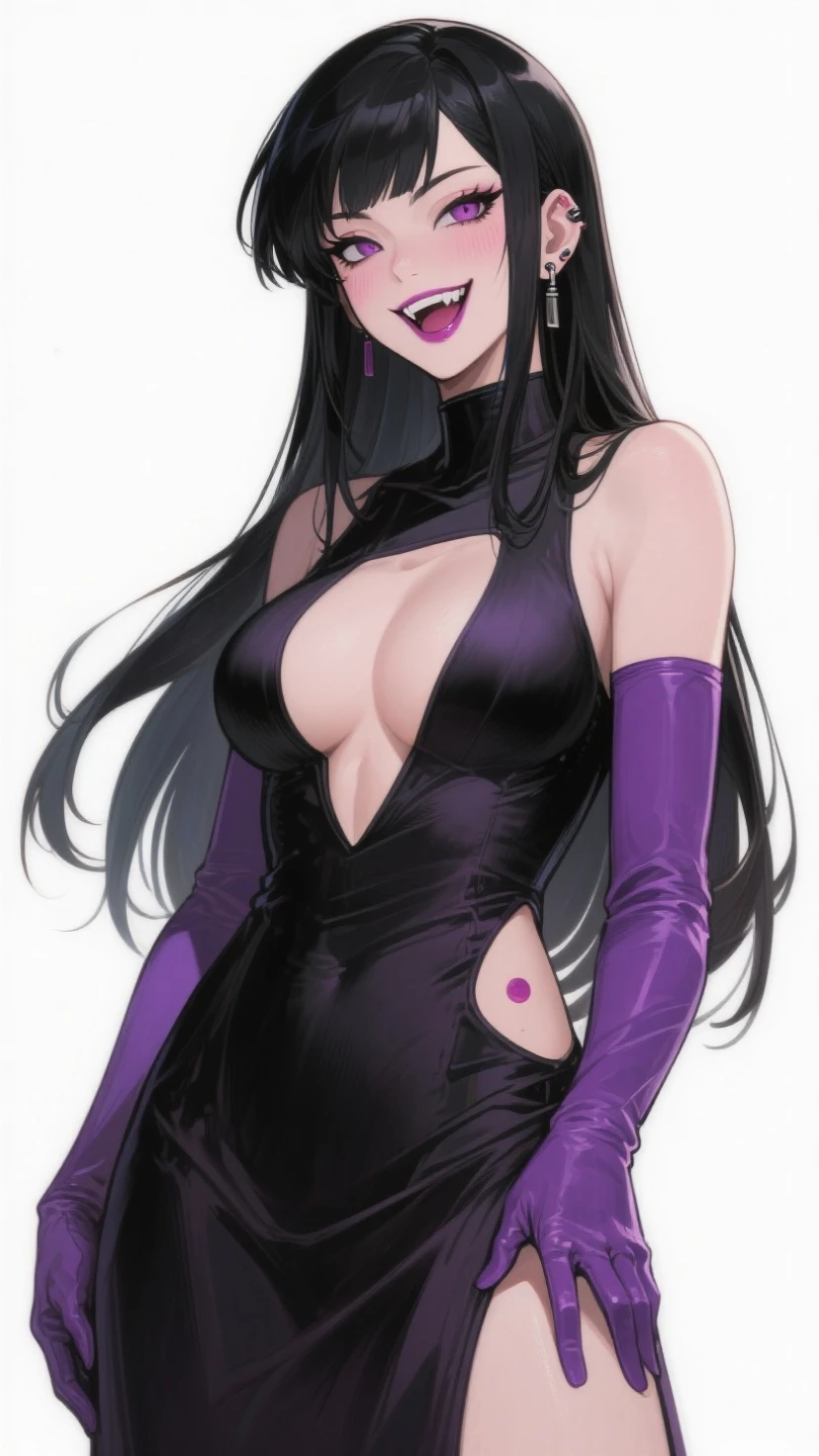 1 girl, milf, purple eyes, hair bangs, very long hair, black choker, black lipstick, black lipstick, Smile, black hair, female , bikini, portrait, huge breast 