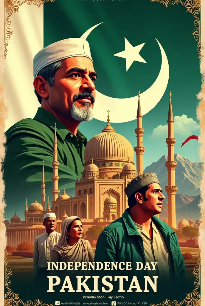 77 year of Pakistan independence Day with image of quaid e Azam in the middle and 5 people representing 5 cultures of Pakistan through dress, accessories. And add text in Urdu جشن آزادی مبارک.
