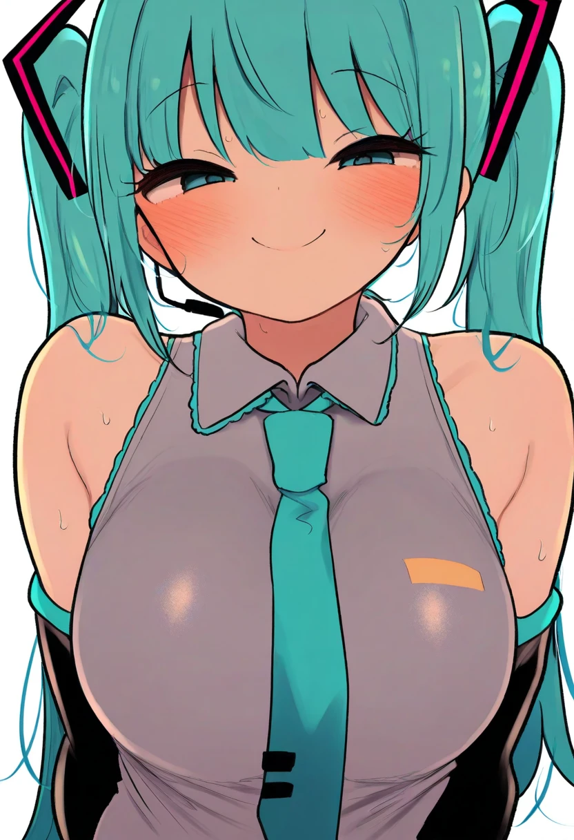 anime coloring, 1 girl, Upper body, hatsune miku, nsfw, nude, embarrassed, breast focus, from front, beautiful face, cute, white background,