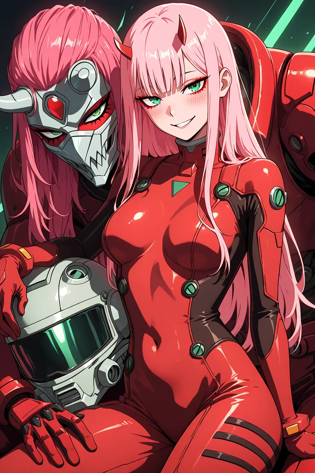 Cartoon photo of woman in green and red costume, hot insect humanoid woman, Guyver style, SFW version, red eye, scarab reploid, bellows tail, cel shade adult animation, alien queen, serpentine pose,