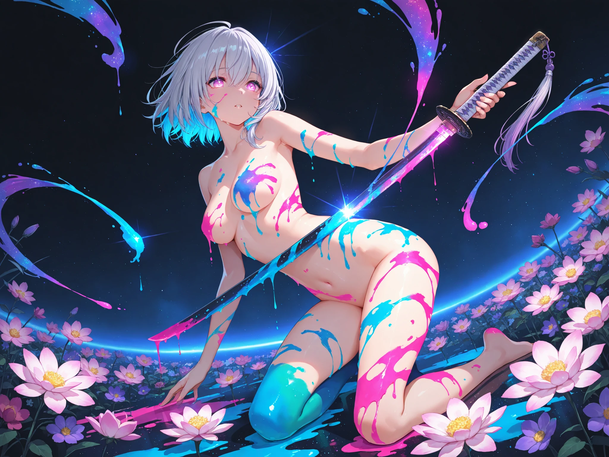 japanese sword, glowing, dripping in paint, paint on a naked woman, background : is adripping paint in space, glowing . beautiful colors and paint. flowers