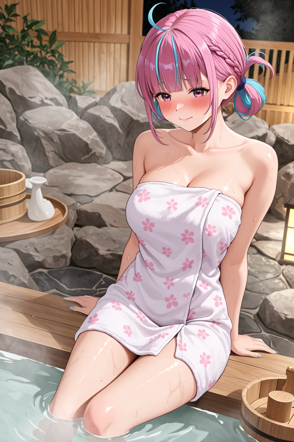 ((NSFW,Nude,female ,masturbation,yukata)),beautiful, masterpiece, Highest quality, Hello, And soul, One Girl, Medium Chest, Portrait Shot, Look at the viewers, Outdoor swimming pool, Wet skin, Intricate details,>,((Covered),Leg spread,masturbation,Embarrassed face,Sweat