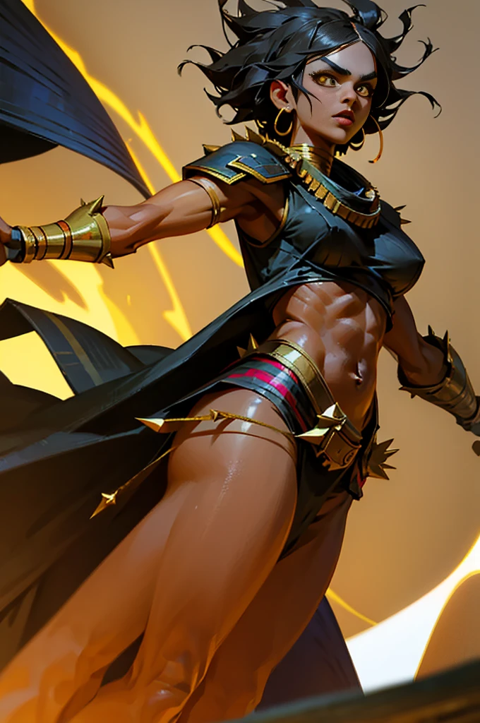 by royo, hyperdetailed, hyperrealistic, vivid portrait of an African woman, full body shot, in a neon lit African  outfit with vibrant colors, exaggerated shoulder pads, and bold accessories. Striking a powerful pose with an intense gaze, surrounded by a halo of smoke in tones that enhance her expression. Standing in a QR CODE museum lit by red and blue lights, with the smoke mimicking waves, matching the colors of her outfit. Perfect composition, exquisite attention to small details, realistic reflections, UHD, 32k, ultra-detailed texture, volumetric light, cinematic effects, masterpiece, trending on ArtStation, Octane 3D rendering --auto --s2