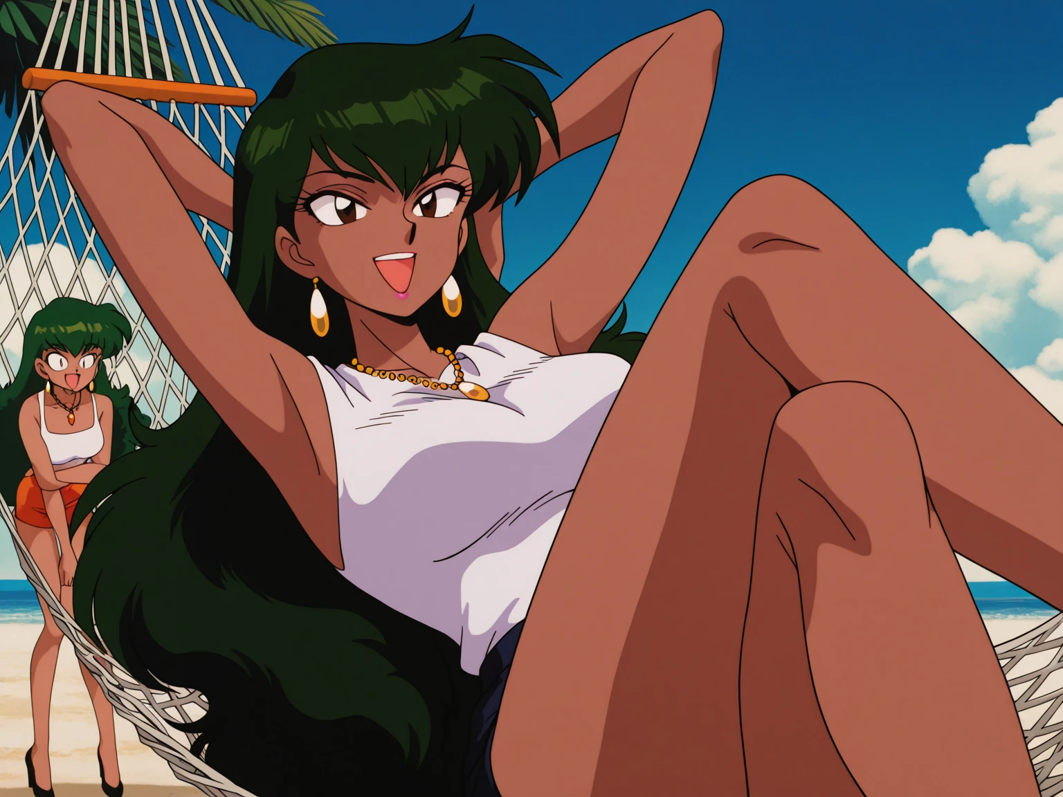 ((best quality)), ((masterpiece)), (detailed), dark tanned skin anime woman in a deep V-neck tied top, (bare shoulders), (bare arms), (jeans), (long hair), starving, (resting hands on the stomach), (hands on the stomach), (slim body), lying down