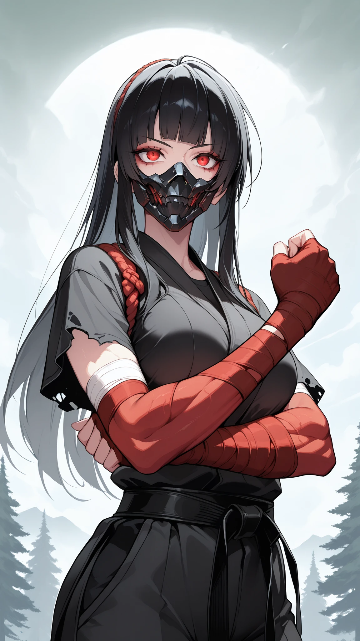 absurdres, (((Ultra HD))), (((Ultra High Quality))), ((hyper detailed)), ((Ultra High Resolution)), (Highly rendered), ((detailed eyes)), (((8K))), ((perfect face)), ((masterpiece)), cinematic, solo, 1girl, thin, red eyes, black hair, long hair, blunt bangs, straight hair, black mask, mask, mouth covered, medium breasts, tactical clothes, black shirt, short sleeves, ripped sleeves, rope wrapping forearms, rope wrappings, red forearm bandages, forearms wrapped, martial arts belt, fingerless gloves, black pants, forest background, tree, sky, clouds