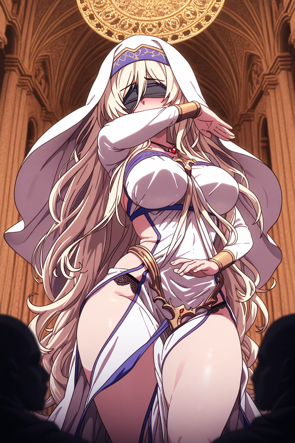 Nsfw, ((((1girl,1oldman,sex,vaginal))),kiss,Sword maiden, blindfold, (black blindfold:1.2) , (white revealing robe, gold trim), (white hood:1.2), necklace,,highest quality, (masterpiece:1.2) ,((( scared))), disgust,crying,NSFW,((Illustration)),clothed,Clothing ,((disheveled hair)), (Beautiful detailed eyes), Beautiful, amazing, Detailed eyes, Soft lips, deadpan, cleavage,isometric, (((Realistic))), Photorealistic, Blonde hair , Blonde public hair ,White lace panties,White garter belt ,anime key visual of elegant, Key Anime Art, key visual, Anime visuals of cute girls, Detailed key anime art, anime visual of a young woman, key anime visuals,
