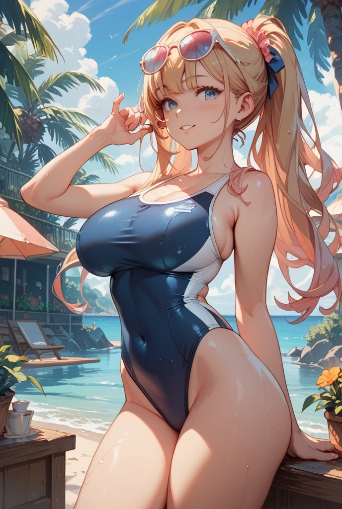 masterpiece、Highest quality、Best image quality、High resolution、Big Breasts、Black school swimsuit、Muji school swimsuit、Blonde、Yellow Eyes、Long Hair