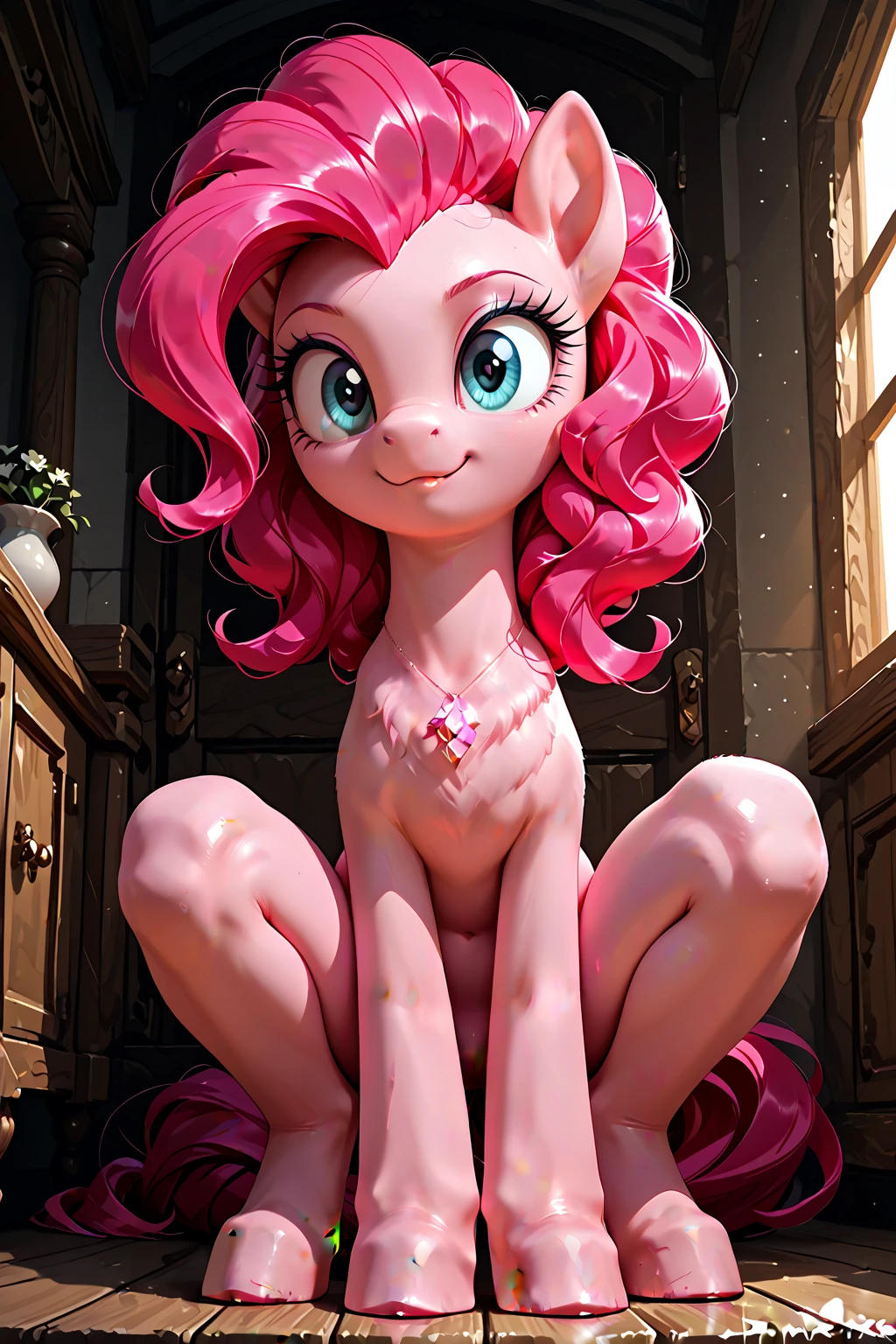 <lyco:MegaMilkV1-25:1.0>, poseMega, shirtMega, 1girl, breasts, super crown, large breasts, blue eyes, crown, ponytail, long hair, smile, jewelry, nail polish, shirt, leaning_forward, clothes_writing, pinkie pie, peachdress