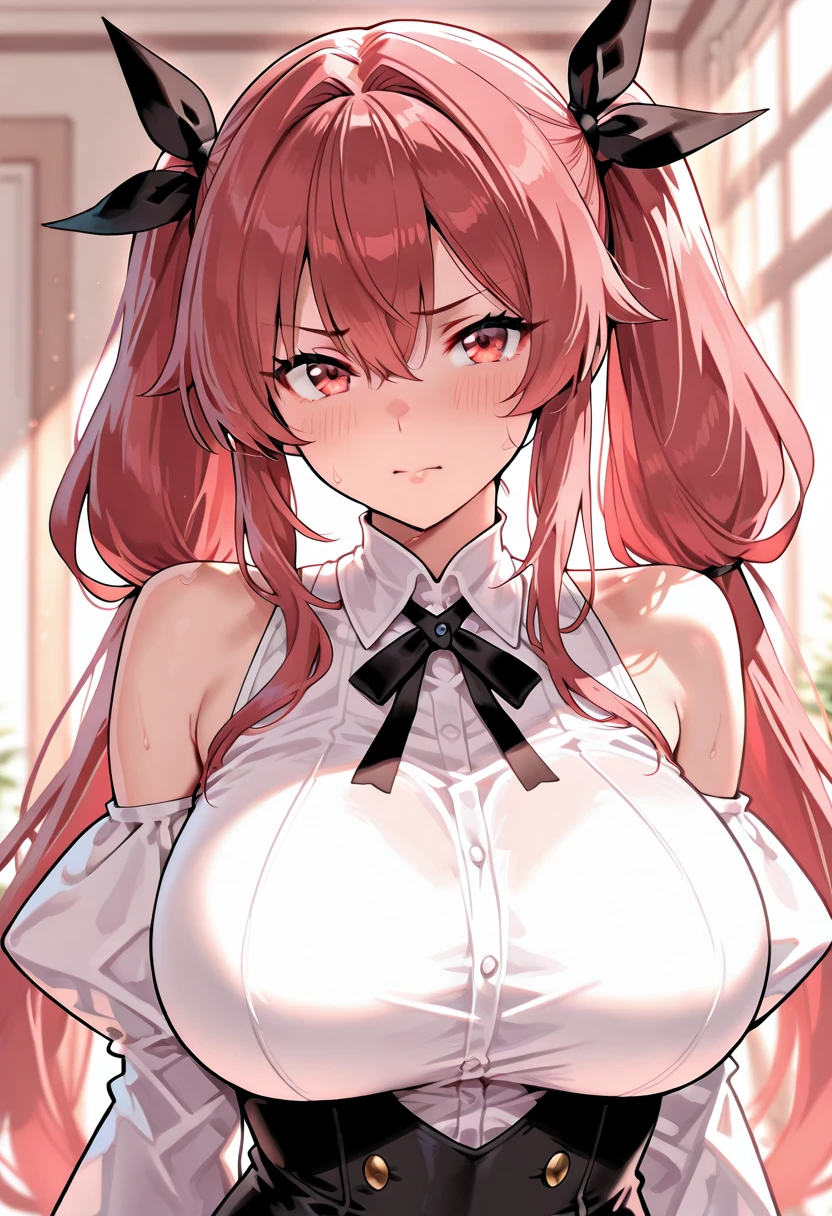 Cutesexyrobutts style, 1girl, monika_(doki_doki_literature_club), breasts, green_eyes, dress, solo, long_hair, ponytail, black_dress, brown_hair, cleavage, smile, large_breasts, looking_at_viewer, blush, ribbon, grey_background, simple_background, hair_ribbon, white_ribbon, bare_shoulders, half-closed_eyes, alternate_costume, parted_lips
