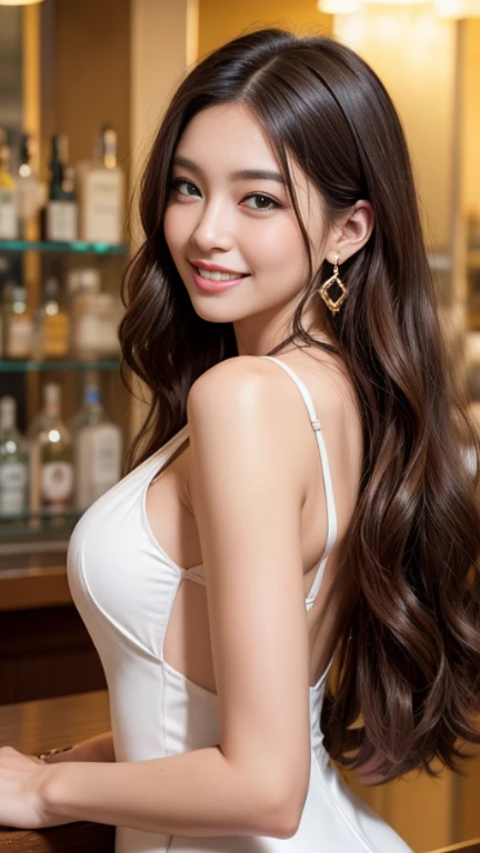 (Highest quality、8K、masterpiece:1.3)、Beautiful woman with perfect figure:1.4、((Dark brown super long hair))、((Her hair is super long, reaching down to her waist))、30 years old、Russians and Japan mixes、Beautiful Face、Athletic build and muscular、Wearing a pendant、((Thin white silk dress))、Highly detailed face and skin、fine grain、double eyelid、((Big Breasts ))、 Big Ass、((front))、((smile))、((Sitting in a chair))、((Legs crossed))、Looking this way、((The right hand holds a cigarette))、((Smoke coming out of the cigarette))、((Stylish bar counter))、((The beautiful curves of a woman&#39;s body are illuminated by the light))、