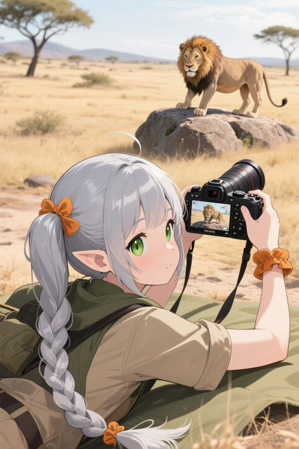 ((Masterpiece)), ((best quality)), (ultra-detailed), ((kawaii)), ((extremely detailed)), 4K, (8K), (super detail:1.2),(High Definition:1.3), (Professional Photography:1.2), (wide shot), cinematic lighting, (sharp focus), (perfect light), ((1girl)), ((12 years old)), put on lion ears, cute lion girl, ((Embroidered cute tanktop)), cute dolphin shorts, (Very grin), (Beautiful golden eyes), (small chest), (bare arms), cute navel, Healthy skin, (Healthy slim body), (loose blunt bangs), silky and straight hair, (medium hair), ((pale brown hair)), BREAK, ((best quality)), ((extremely detailed)), Reaching out hand, ((loose sitting on the Sahara Desert)), (Dry atmosphere), the vast Desert,