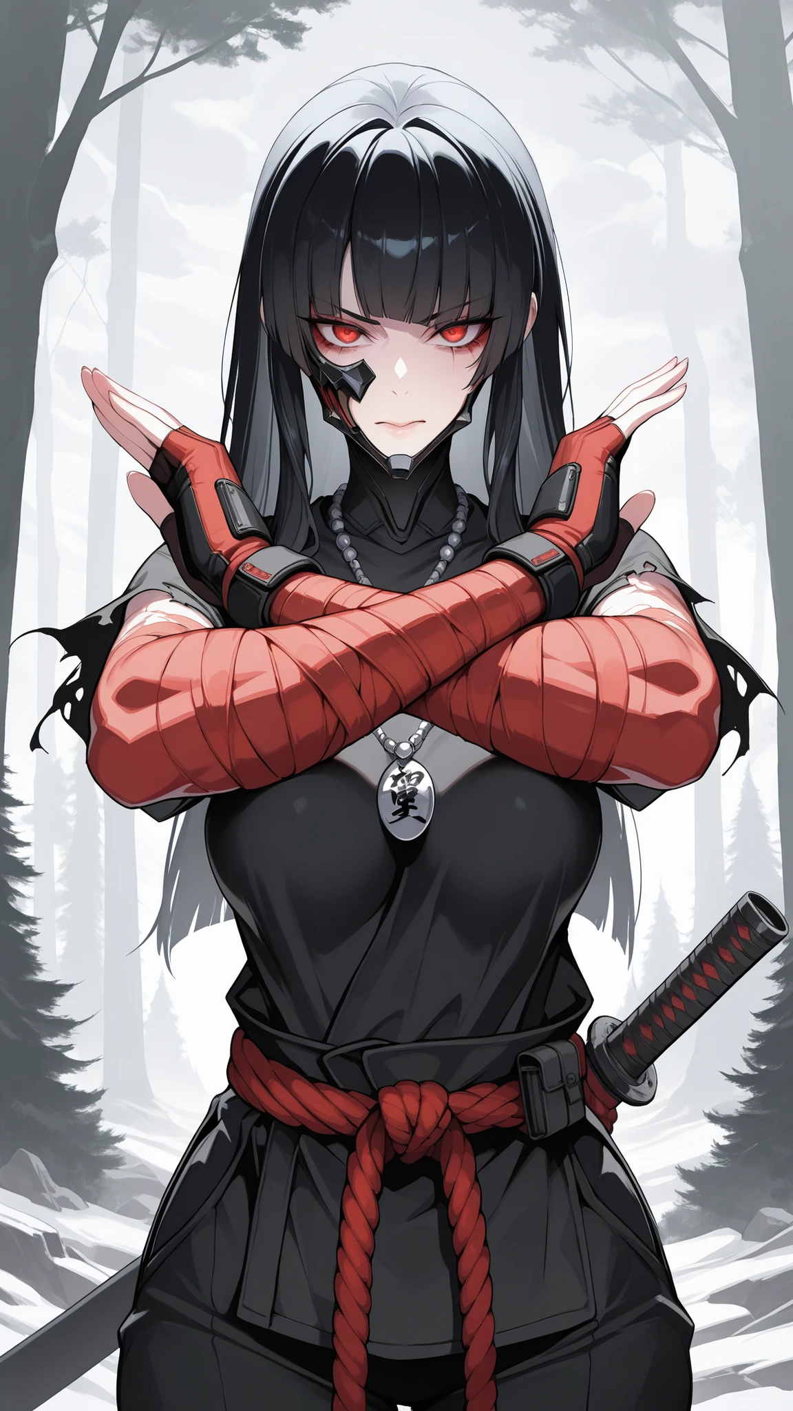 absurdres, (((Ultra HD))), (((Ultra High Quality))), ((hyper detailed)), ((Ultra High Resolution)), (Highly rendered), ((detailed eyes)), (((8K))), ((perfect face)), ((masterpiece)), cinematic, solo, 1girl, thin, red eyes, black hair, long hair, blunt bangs, straight hair, black mask, mask, mouth covered, medium breasts, tactical clothes, small beaded necklace, black shirt, short sleeves, ripped sleeves, rope wrapping forearms, rope wrappings, red forearm bandages, forearms wrapped, martial arts belt, fingerless gloves, black pants, forest background, tree, sky, clouds