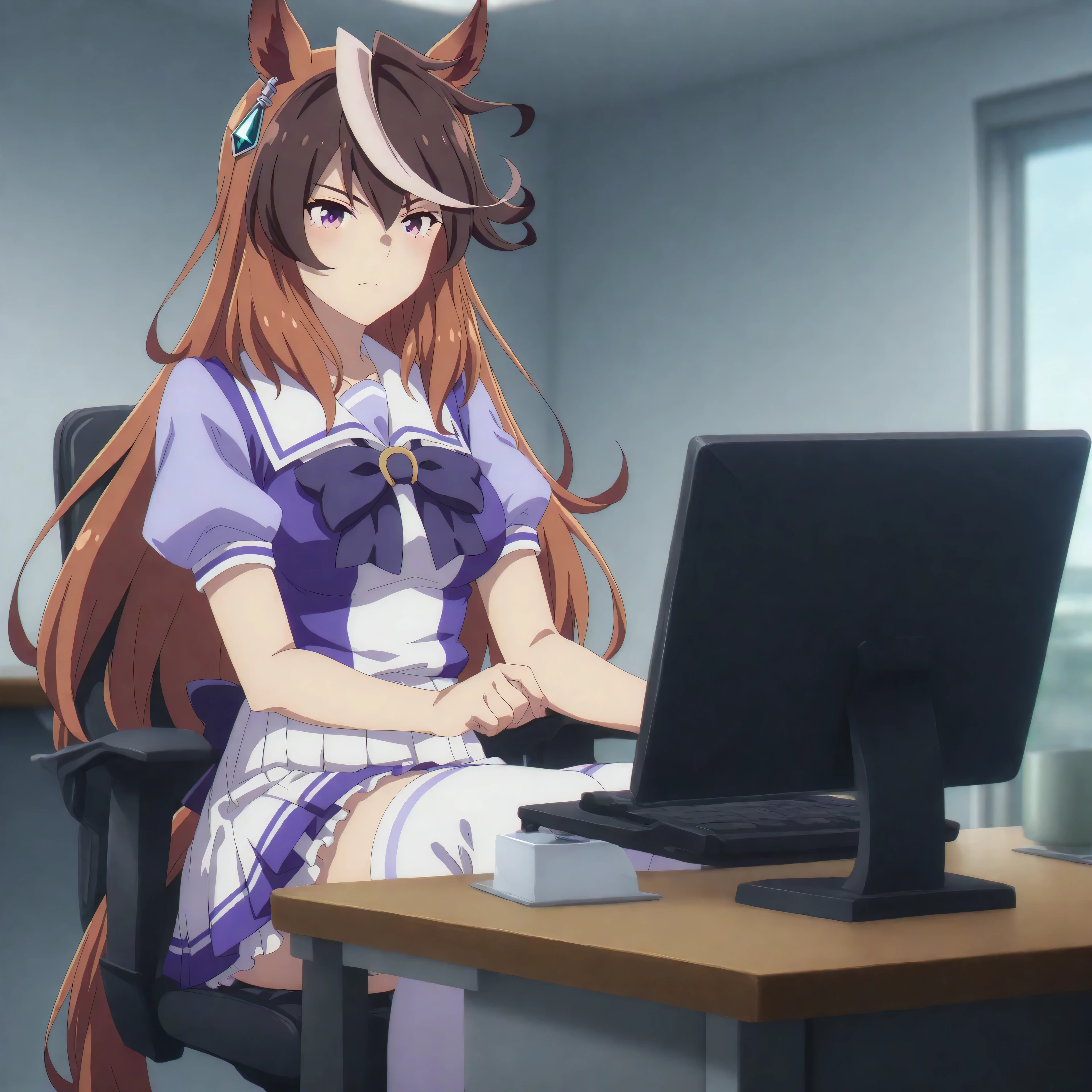 anime, lazypos, masterpiece, best quality, amazing quality, in office, at desk, computer, watching video on computer, blushing, 1girl, symboli rudolf, symboli rudolf (umamusume), horse ears, horse girl, long hair, brown hair, animal ears, hair between eyes, purple eyes, white hair, multicolored hair, streaked hair, mature female, medium breasts, shirt, skirt, thighhighs, bow, short sleeves, pleated skirt, puffy sleeves, bowtie, sailor collar, white thighhighs, puffy short sleeves, white skirt, purple shirt,