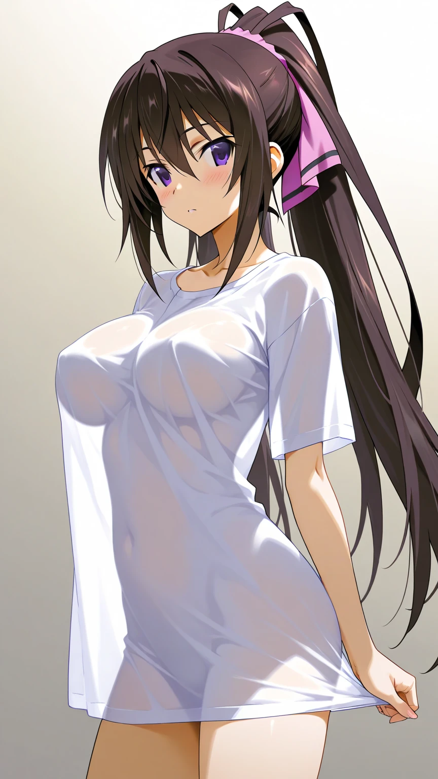 masterpiece, best quality, 1girl, solo, navel, purple eyes, very long hair, tied shirt, midriff, hair ribbon, white shirt, ponytail, black hair, large breasts, white ribbon, purple hair, <lora:kanzaki_kaori_v1:0.6>, panties