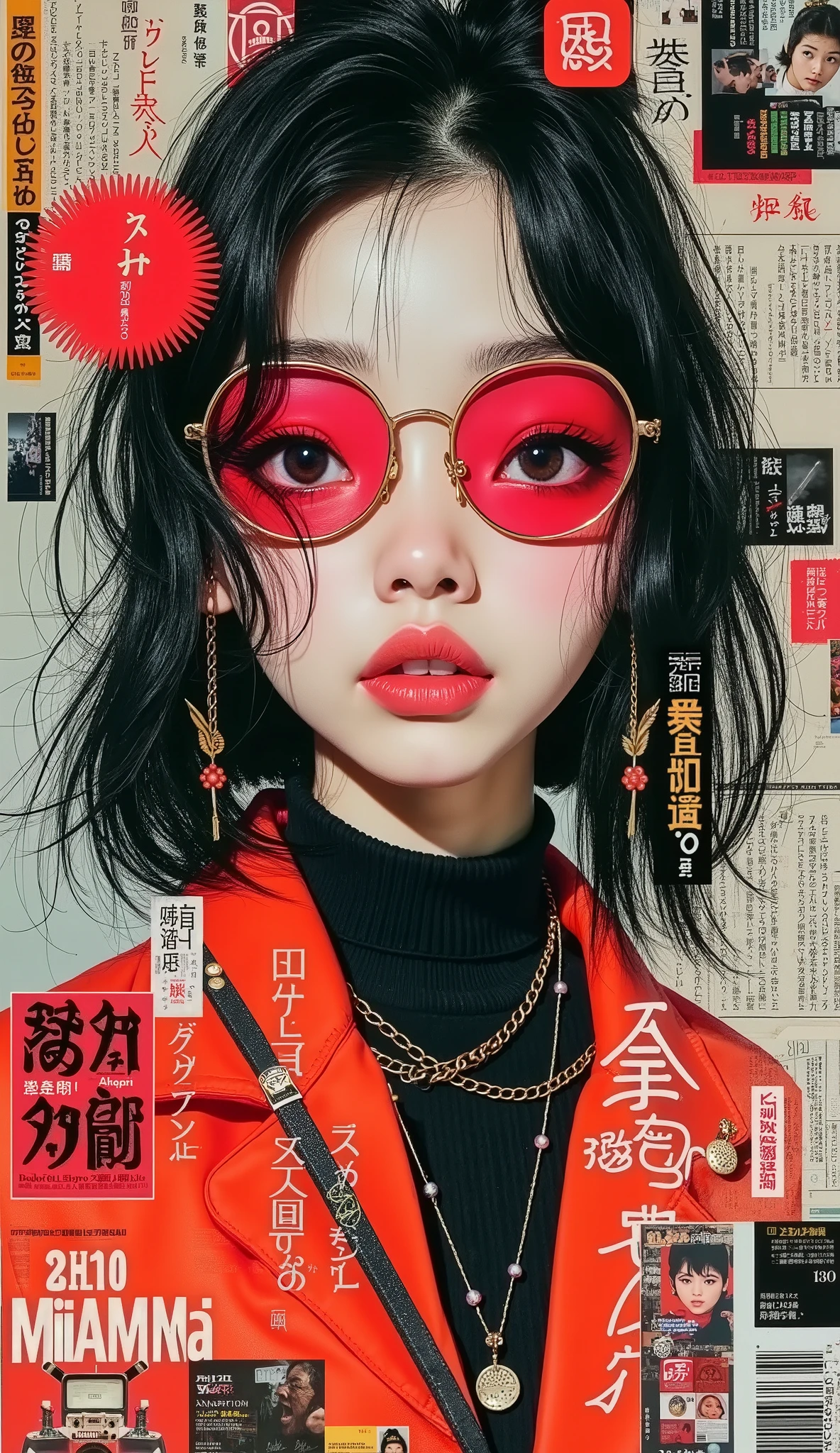 collage of magazine scraps, Retro Tokyo style, Y2K, flat colors, com contorno branco, alta qualidade, ultra-detalhado, anime-style girl's face in the center, vivid colors, pastel color palette, retro atmosphere , Japanese city from the 2000s, asymmetric composition, flat surfaces, efeito de colagem, outlined white outlines