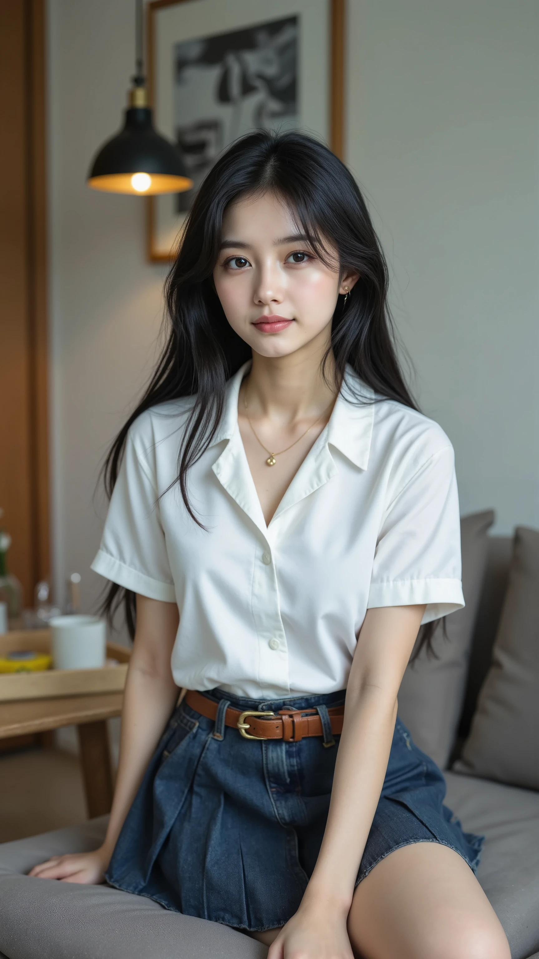 masterpiece, top quality, 8k, 若くて美しいGirl, face like a baby、着衣big breasts、((((1people々 Girl))))((((((thighs)))))),((big breasts:1.3)), Photo shoot, cute face, thighs,、smile, 10th Generation, detailed face, background blur、Long Hair、black hair、big breasts、Clevis、tight waist,(((((Disconnect))))miniskirt((WHITE SHIRT))miniskirt、navy blue pleated skirt、high school students、necklace