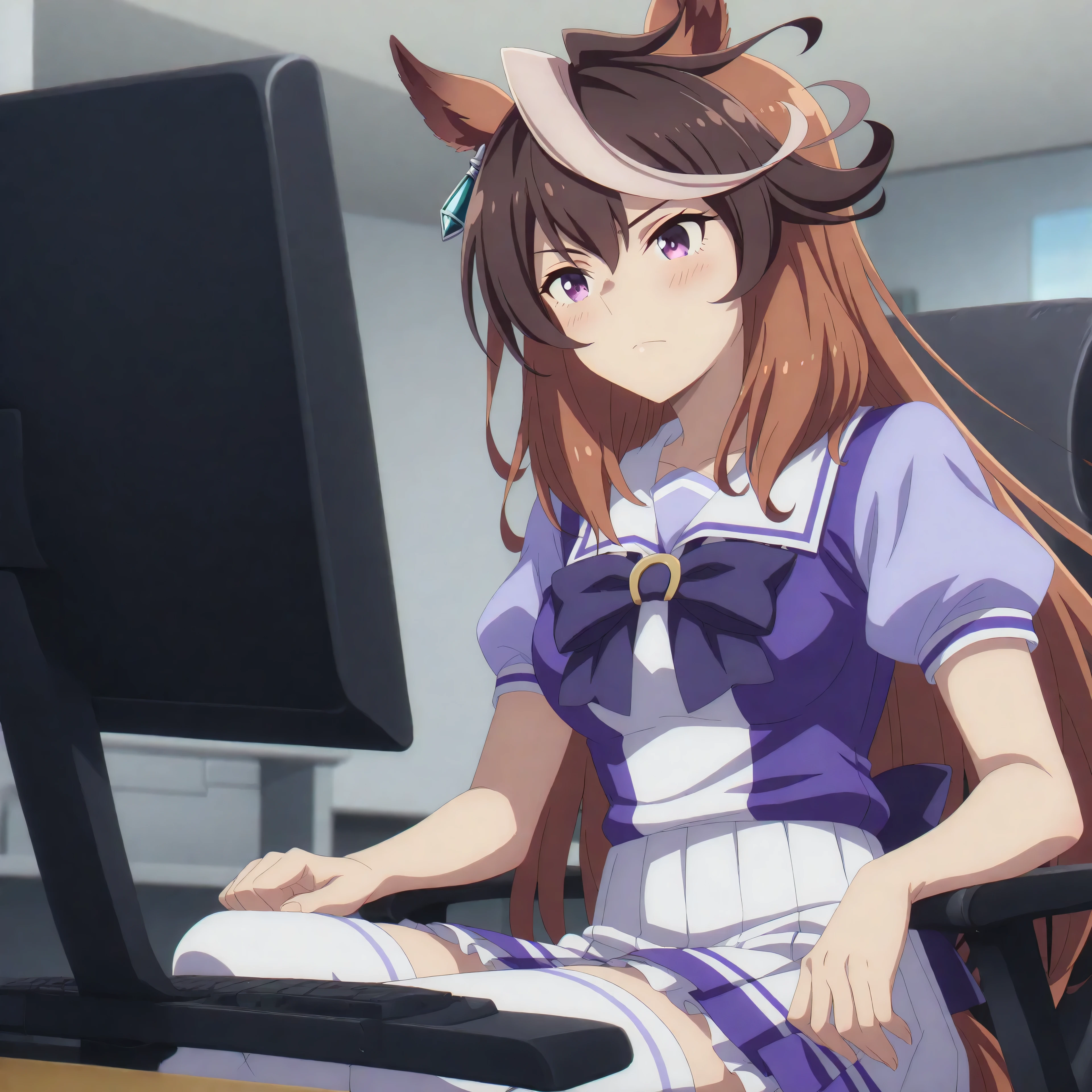 anime, lazypos, masterpiece, best quality, amazing quality, in office, at desk, computer, watching video on computer, blushing, 1girl, symboli rudolf, symboli rudolf (umamusume), horse ears, horse girl, long hair, brown hair, animal ears, hair between eyes, purple eyes, white hair, multicolored hair, streaked hair, mature female, medium breasts, shirt, skirt, thighhighs, bow, short sleeves, pleated skirt, puffy sleeves, bowtie, sailor collar, white thighhighs, puffy short sleeves, white skirt, purple shirt,