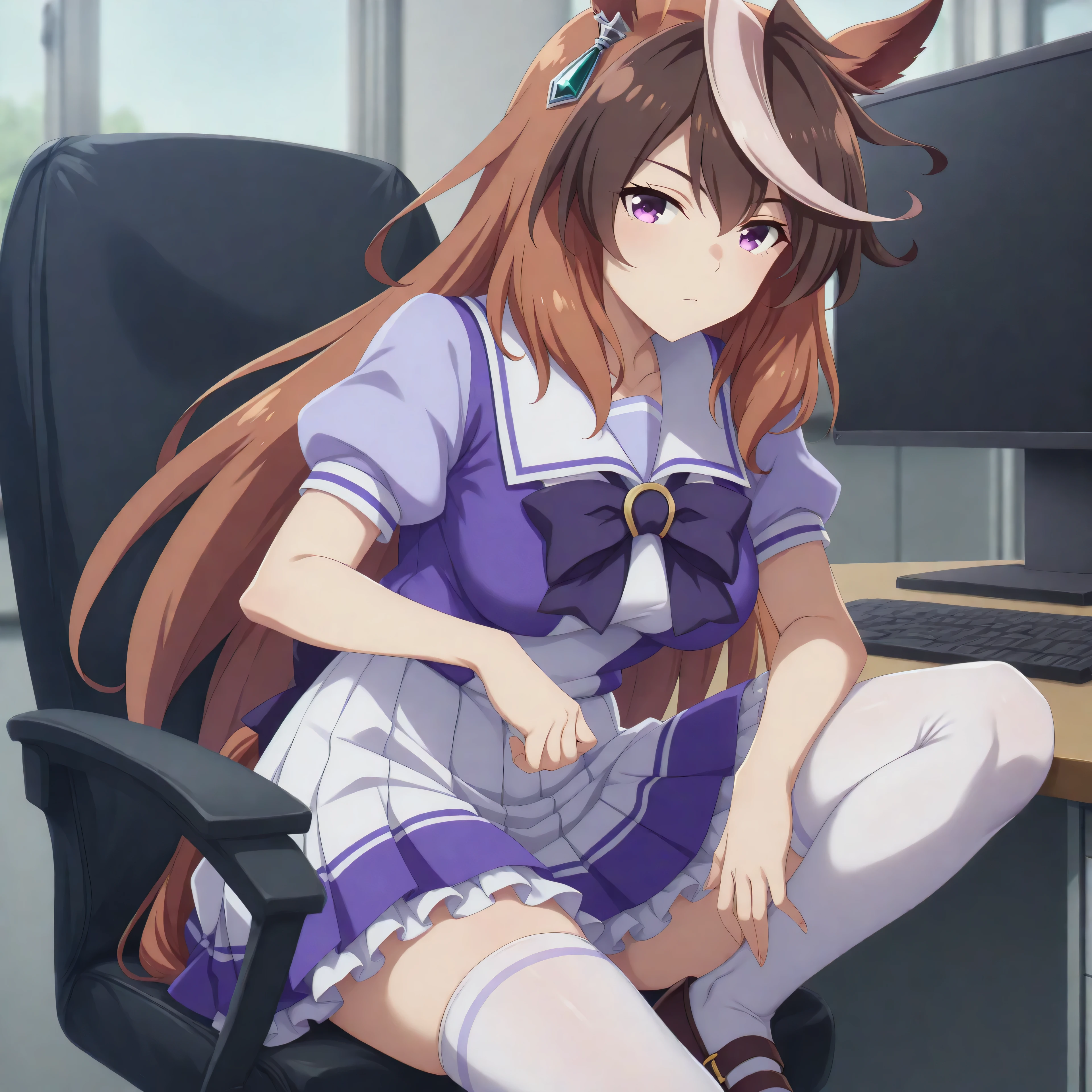 anime, lazypos, masterpiece, best quality, amazing quality, in office, at desk, computer, watching video on computer, blushing, 1girl, symboli rudolf, symboli rudolf (umamusume), horse ears, horse girl, long hair, brown hair, animal ears, hair between eyes, purple eyes, white hair, multicolored hair, streaked hair, mature female, medium breasts, TracenShort, tracen school uniform, purple sailor shirt, white pleated skirt, white thighhighs, brown loafers, purple bow, puffy short sleeves,