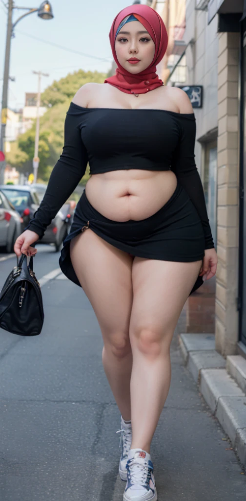 Milky white skin woman in black dress and hijab walking down the street, , hijab outfit, , hijab fashion model, plus size, plus size woman, , woman in black robes, beautiful woman, thicc, black outfit,, bbwchan , white sneakers , Height 170 cm, beautiful woman, with a beautiful appearance, a very beautiful masterpiece, a masterpiece of art, good lighting, Bright colors, Clean lines