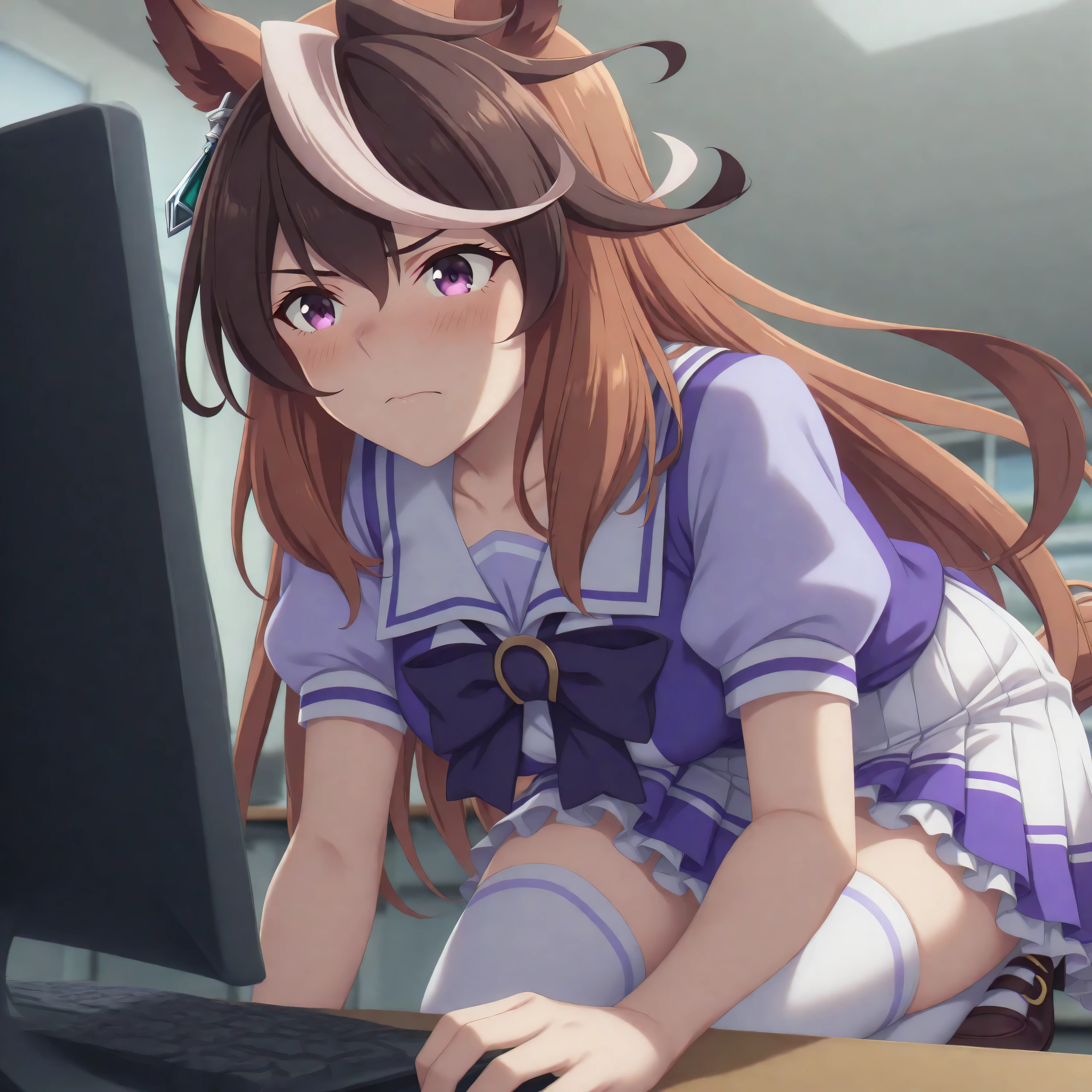 anime, lazypos, masterpiece, best quality, amazing quality, in office, at desk, computer, looking at computer, watching dirty video on computer, blushing, 1girl, symboli rudolf, symboli rudolf (umamusume), horse ears, horse girl, long hair, brown hair, animal ears, hair between eyes, purple eyes, white hair, multicolored hair, streaked hair, mature female, medium breasts, TracenShort, tracen school uniform, purple sailor shirt, white pleated skirt, white thighhighs, brown loafers, purple bow, puffy short sleeves, embarrassed, blushing,