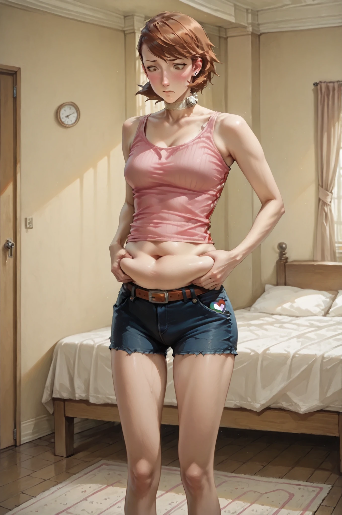 1girl, solo, masterpiece, (pinching own belly fat:1.2), (yukari from persona 3) , 1girl , solo , bedroom , rainbow panties, (weight conscious:1.2), explicit, () (shirt riding up) (belly peek) ,embarrased,blushing, () () pink graphic tank top, () , () Takeba Yukari, 1girl, solo, short hair, bangs, brown hair(yukari hair, brown hair) (detail yukari face) ,yukari, skinny jeans unbuttoned, (big lovehandles:1.3), (earrings, white choker) Best Quality, High resolution, 1girl in,) () (Details yukari face:1.3) Detail pose Detail Face, detail clothes fit, 1girl in, () (), (detail hands, detail feminine fingers)(small breasts:1.3), (), (), , () sunlight shafts , perfect lighting, cinematic composition, highly detailed, photorealistic, 8k, best quality , hyperrealisim, (by norman rockwell) defined curves, skin texture, plump, small fat belly, double chin, ((narrow hips and legs:1.3)) (skinny thighs:1.3)