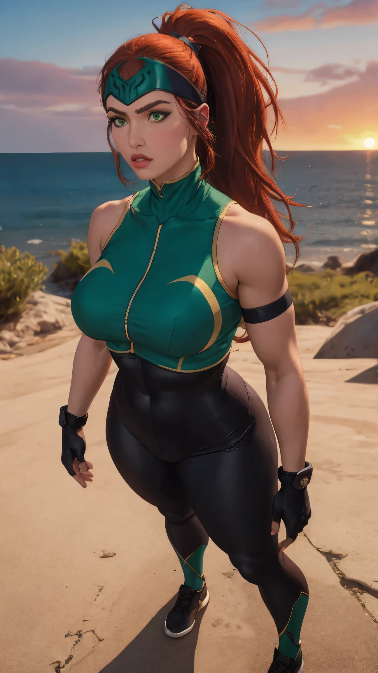((Full body photo)), ((head to toe photo)),(Hyper-detailed, insane details, Beautifully color graded, Unreal Engine, DOF, Super-Resolution,Megapixel, Cinematic Lightning, Anti-Aliasing, FKAA, TXAA, RTX,SSAO,Post Processing, Post Production, Tone Mapping, CGI, VFX, SFX),(masterpiece, stable scene at sunset:1.3), (22 year woman with wavy and shiny red hair cascading over her shoulders), (beautiful green eyes with a sensual look), ((full lips bright )),(with huge but firm breast), (muscular woman with huge round firm ass, with huge but firm breastuscle women), (huge round firm ass), (dynamic perfil pose), 