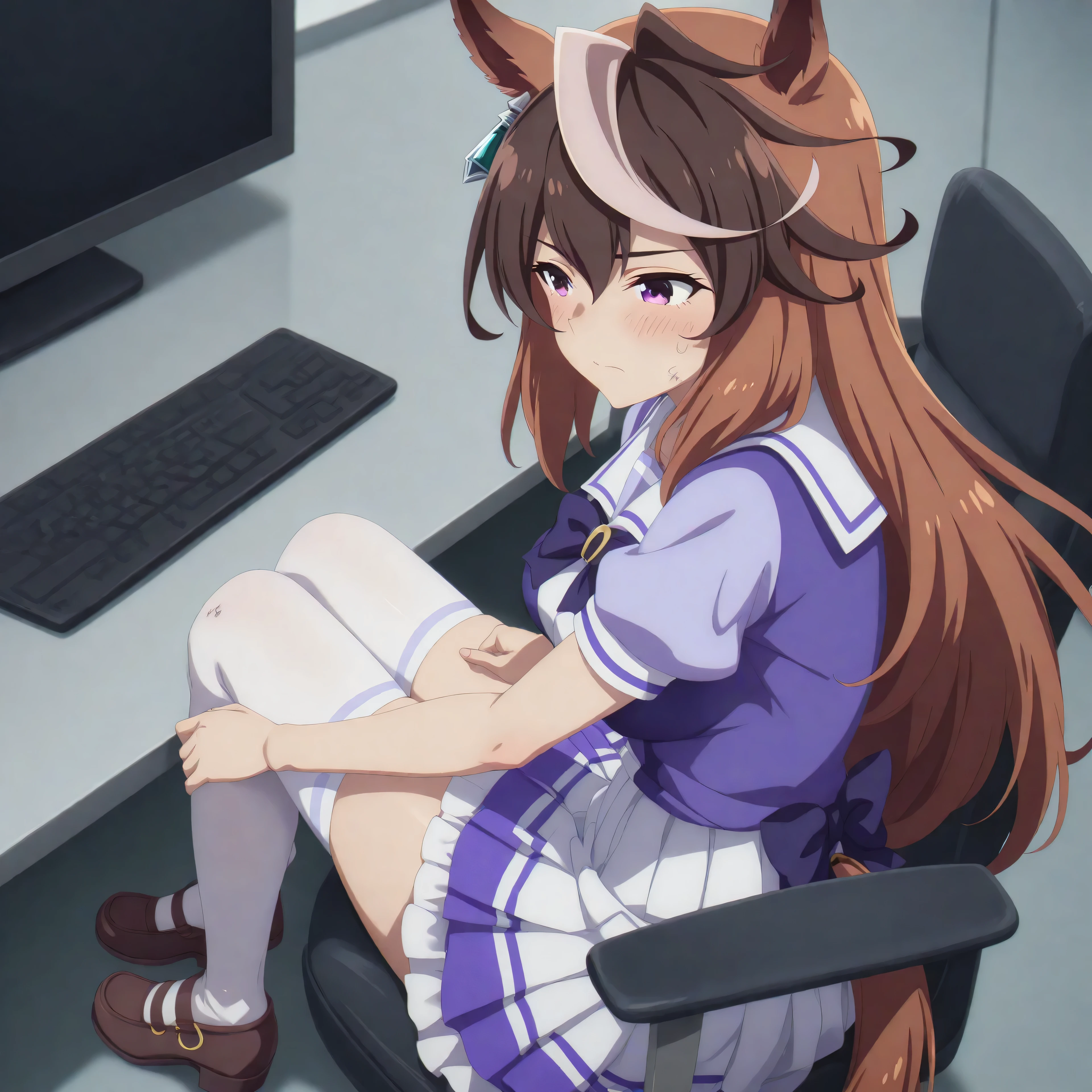 anime, lazypos, masterpiece, best quality, amazing quality, in office, at desk, computer, looking at computer, watching dirty video on computer, blushing, 1girl, symboli rudolf, symboli rudolf (umamusume), horse ears, horse girl, long hair, brown hair, animal ears, hair between eyes, purple eyes, white hair, multicolored hair, streaked hair, mature female, medium breasts, TracenShort, tracen school uniform, purple sailor shirt, white pleated skirt, white thighhighs, brown loafers, purple bow, puffy short sleeves, embarrassed, blushing,
