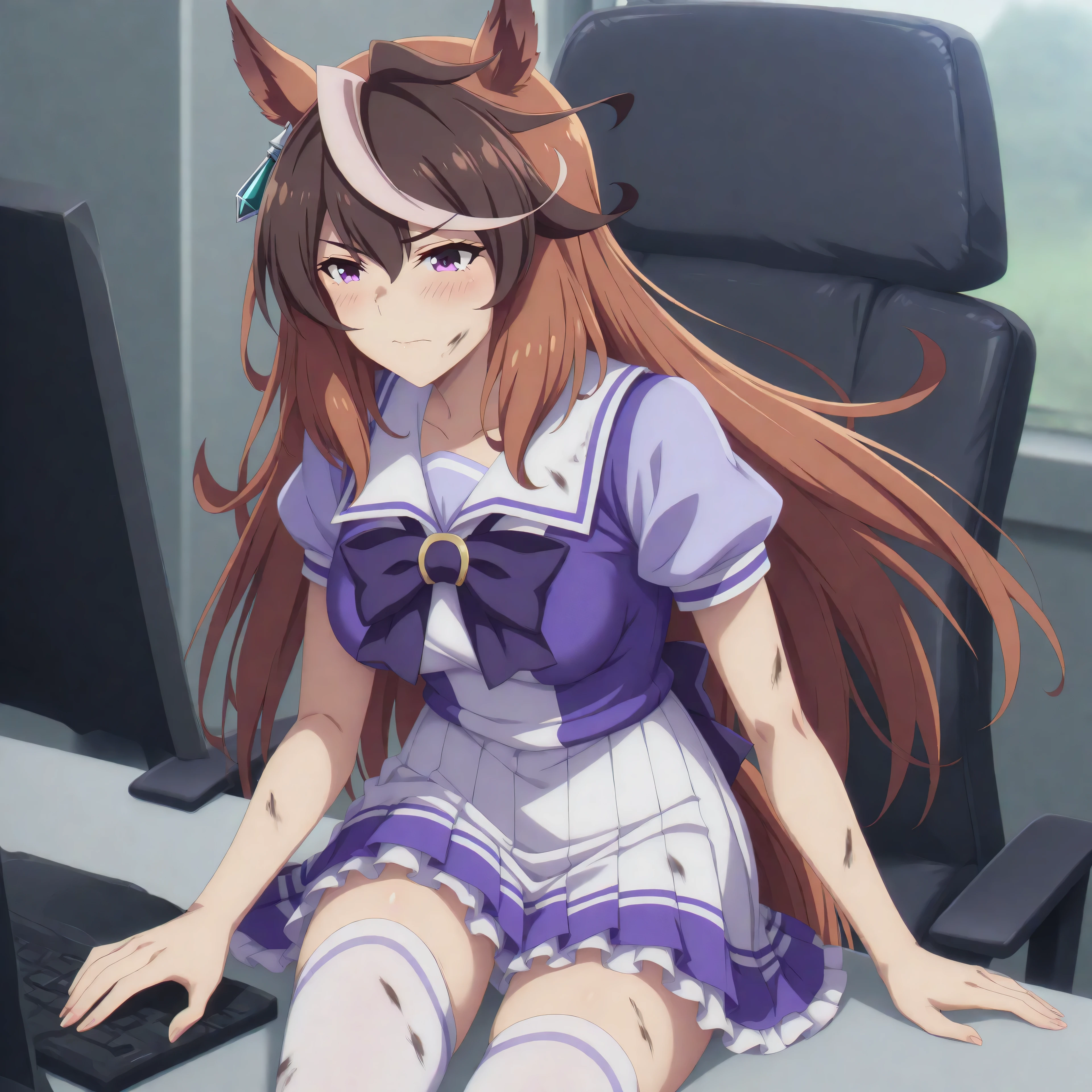 anime, lazypos, masterpiece, best quality, amazing quality, in office, at desk, computer, looking at computer, watching dirty video on computer, blushing, 1girl, symboli rudolf, symboli rudolf (umamusume), horse ears, horse girl, long hair, brown hair, animal ears, hair between eyes, purple eyes, white hair, multicolored hair, streaked hair, mature female, medium breasts, TracenShort, tracen school uniform, purple sailor shirt, white pleated skirt, white thighhighs, brown loafers, purple bow, puffy short sleeves, embarrassed, blushing,