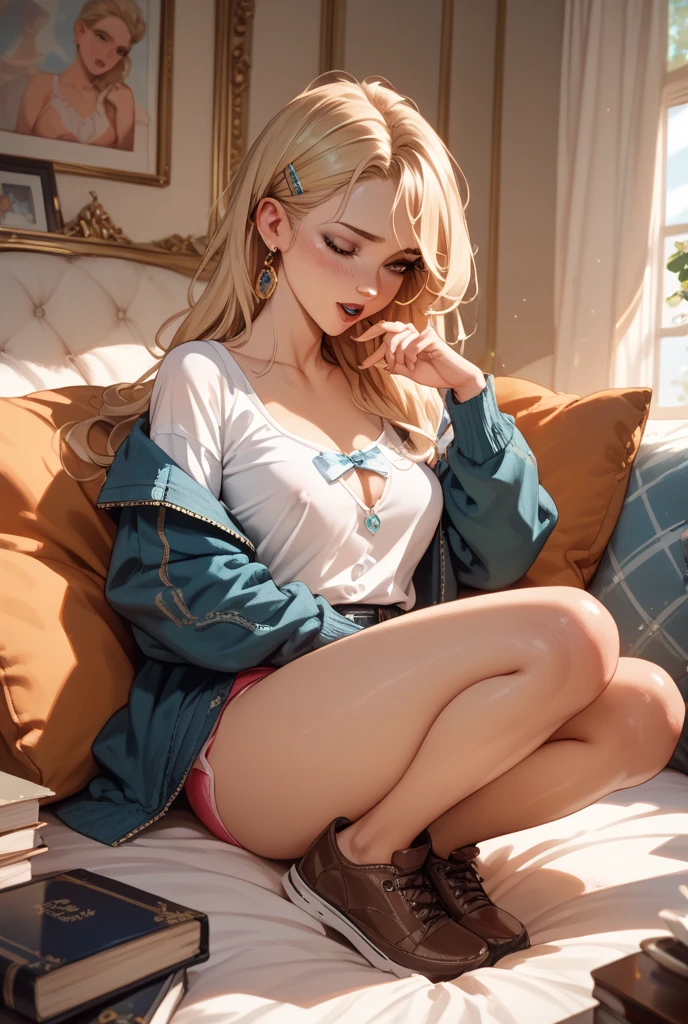 military complex,ukrainian girl , Ukrainian anime girls , , Ukraine , Full body composition of young girl with messy bright blonde hair, eye make up, 13 year old, Soft lighting, Solo,, badges, Pose, Blotch color, Octane Render, Hyperrealistic intricate detail, Cinematic, 8K resolution, 70mm, Accent Lighting, Global Illumination, Full body portrait, clean detailed faces, poneyTail,Cute face,, Slim legs,In military beds,Happy,Wearing white underwear,Chest exposed,