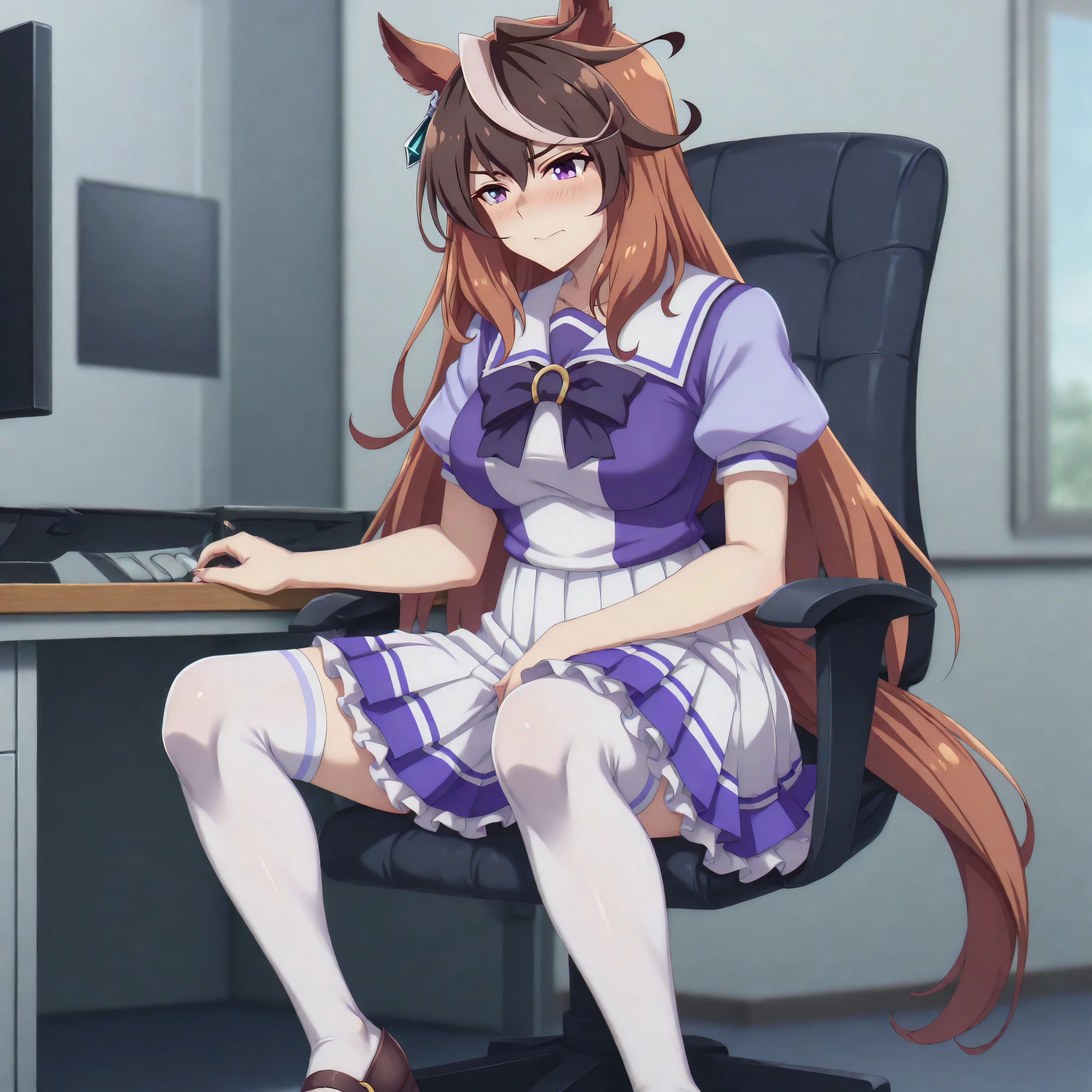 anime, lazypos, masterpiece, best quality, amazing quality, in office, at desk, sitting in chair, computer, looking at computer, watching porn on computer, blushing, 1girl, symboli rudolf, symboli rudolf (umamusume), horse ears, horse girl, long hair, brown hair, animal ears, hair between eyes, purple eyes, white hair, multicolored hair, streaked hair, mature female, medium breasts, TracenShort, tracen school uniform, purple sailor shirt, white pleated skirt, white thighhighs, brown loafers, purple bow, puffy short sleeves, embarrassed, blushing, masturbating,