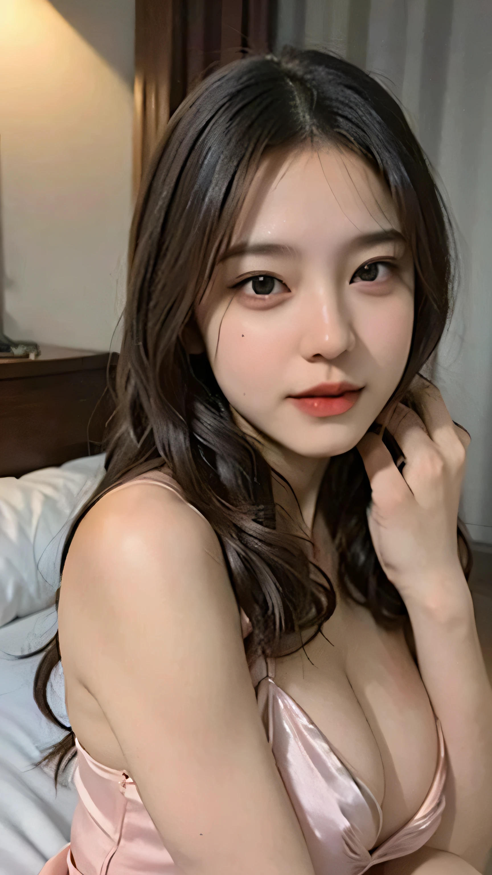 (Photorealistic、Masseter muscle area、Highest quality、High resolution、RAW Photos)、（full body, no cloth, glamorous body）Realistic、Bright lighting、Face Light、Smooth Professional Lighting、pretty girl、Beautiful woman、Modeled、gravure、natural makeup、so beautiful、Realistic and beautiful skin、plum thighs, Beautiful and detailed、Detailed face、Big tits、Cleavage、wavy hair、Brunette colored hair、Brown eyes, sexy face, looking at the camera、take a picture、No clothes,naked body, Seductive Pose, angle from below